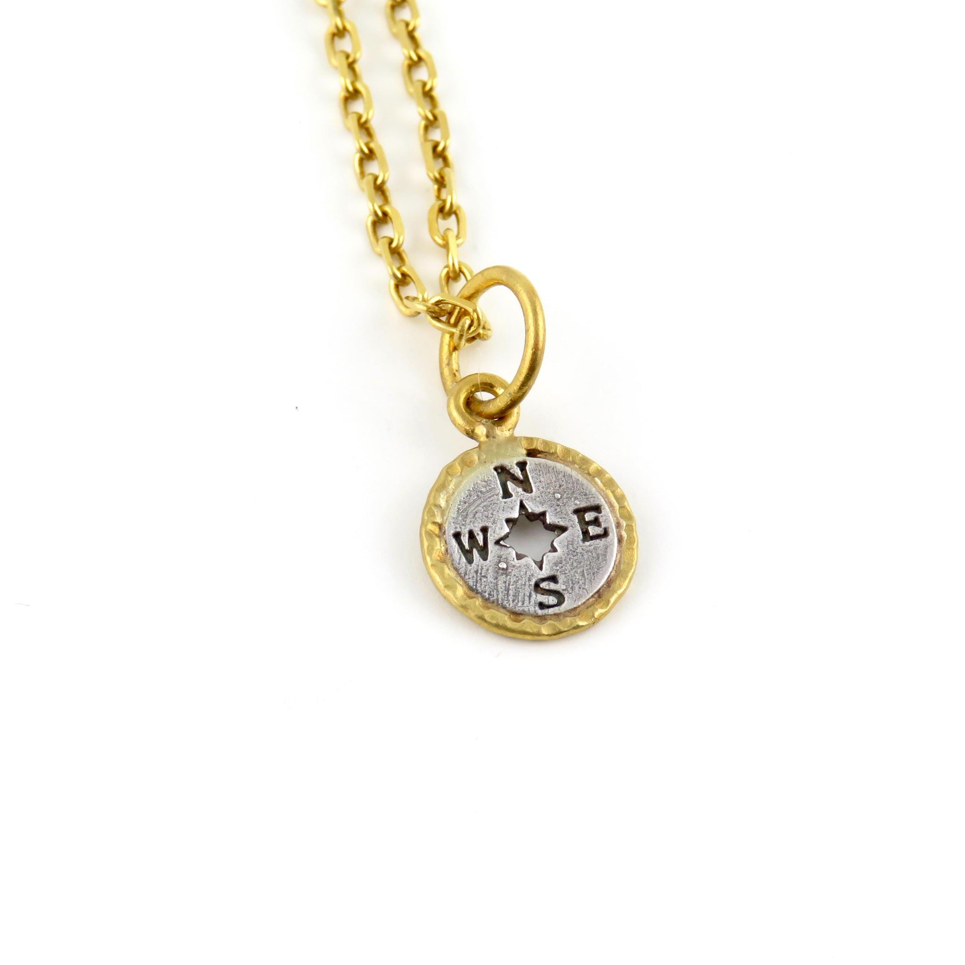 Solid Gold Vintage Pendant | Sterling Gold Compass Pendant | Unique Vintage Compass Necklace | 24K Gold Mixed Metal Necklace | Compass Charm