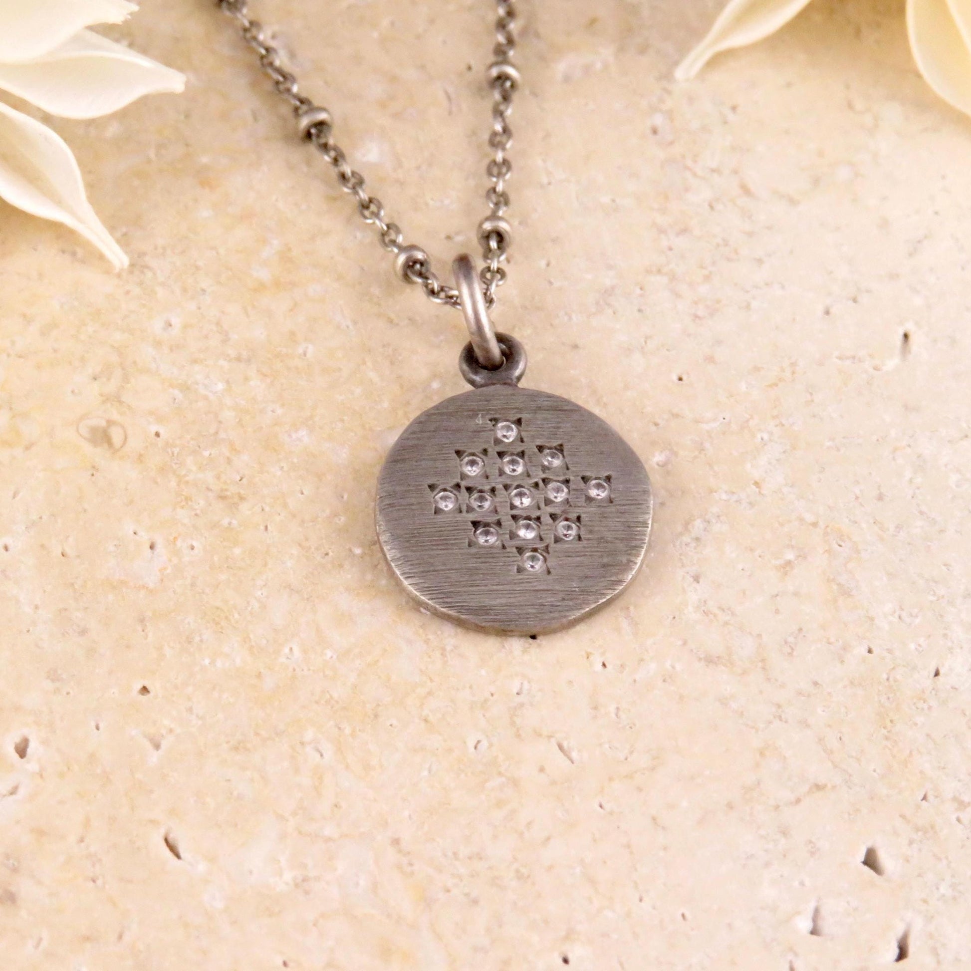 Sterling Disc Necklace | Matte Silver Disc Pendant | Silver Circle Necklace | Brushed Silver Round Necklace | Sterling Diamond Necklace