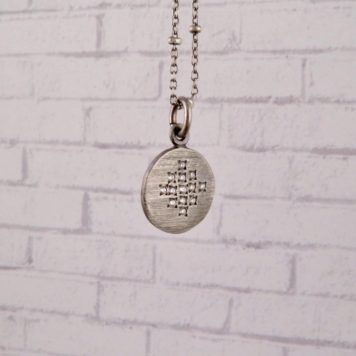 Sterling Disc Necklace | Matte Silver Disc Pendant | Silver Circle Necklace | Brushed Silver Round Necklace | Sterling Diamond Necklace