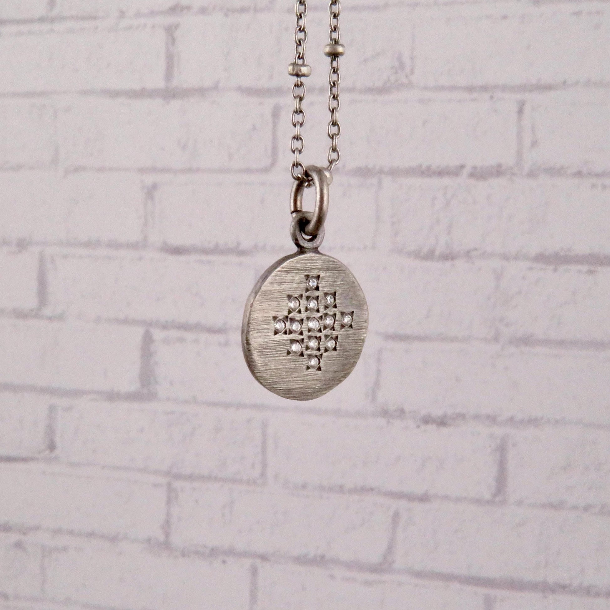 Sterling Disc Necklace | Matte Silver Disc Pendant | Silver Circle Necklace | Brushed Silver Round Necklace | Sterling Diamond Necklace