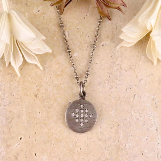 Sterling Disc Necklace | Matte Silver Disc Pendant | Silver Circle Necklace | Brushed Silver Round Necklace | Sterling Diamond Necklace