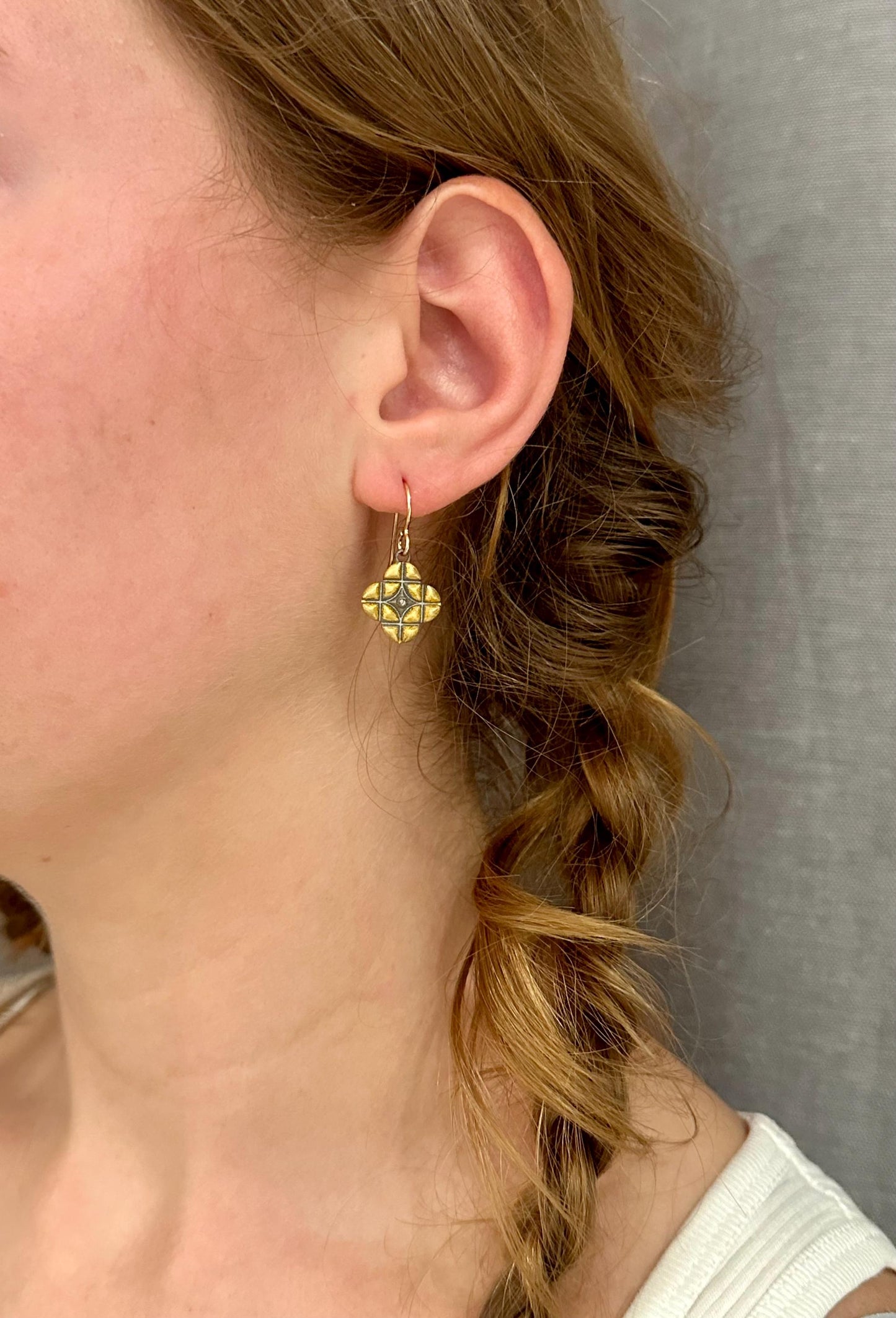 Mixed Metal Artisan Earrings | Silver Gold Criss Cross Earrings | Two Tone Earrings | Mixed Elements Earrings | Sterling Geometric Earrings