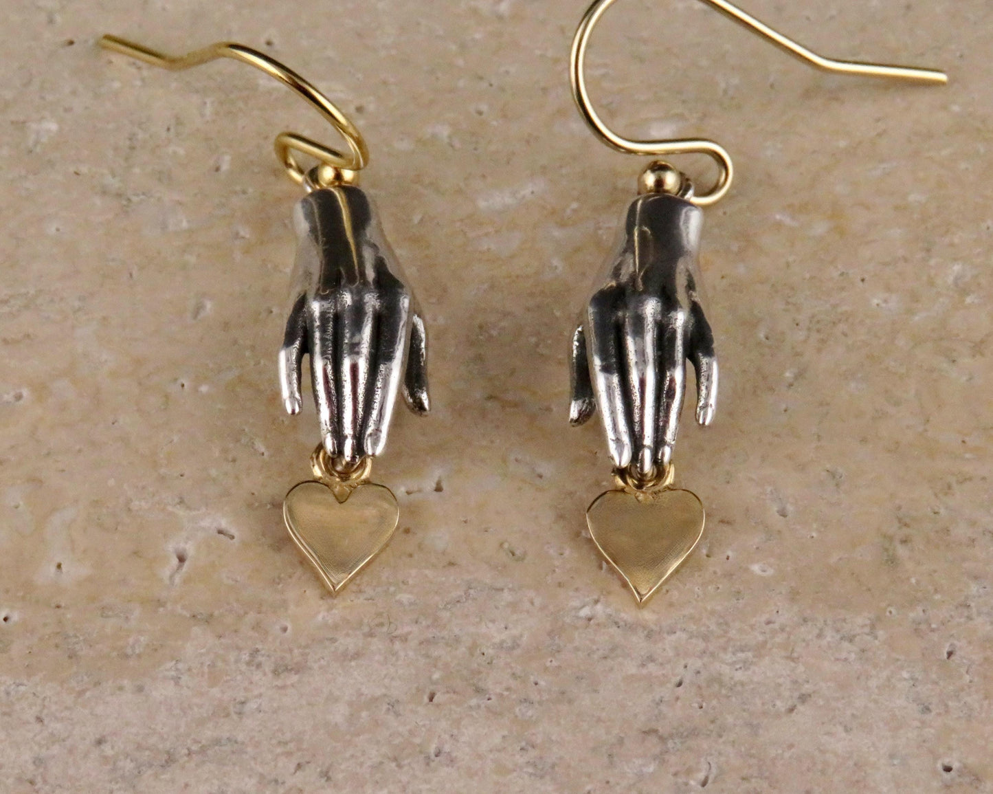 Silver Hand Earrings | Hand and Heart Earrings | Reach for Love Earrings | Mixed Metal Earrings | Sterling Hand Gold Heart Earrings