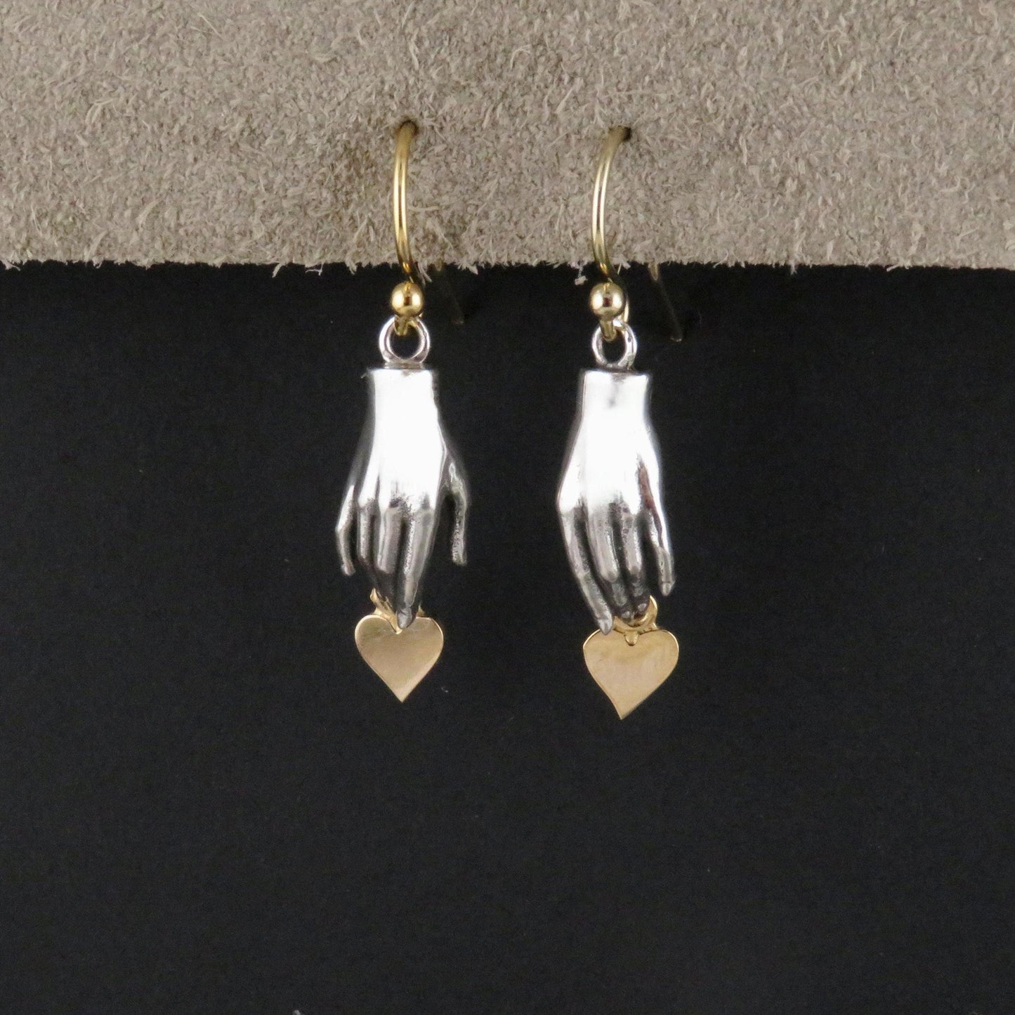 Silver Hand Earrings | Hand and Heart Earrings | Reach for Love Earrings | Mixed Metal Earrings | Sterling Hand Gold Heart Earrings