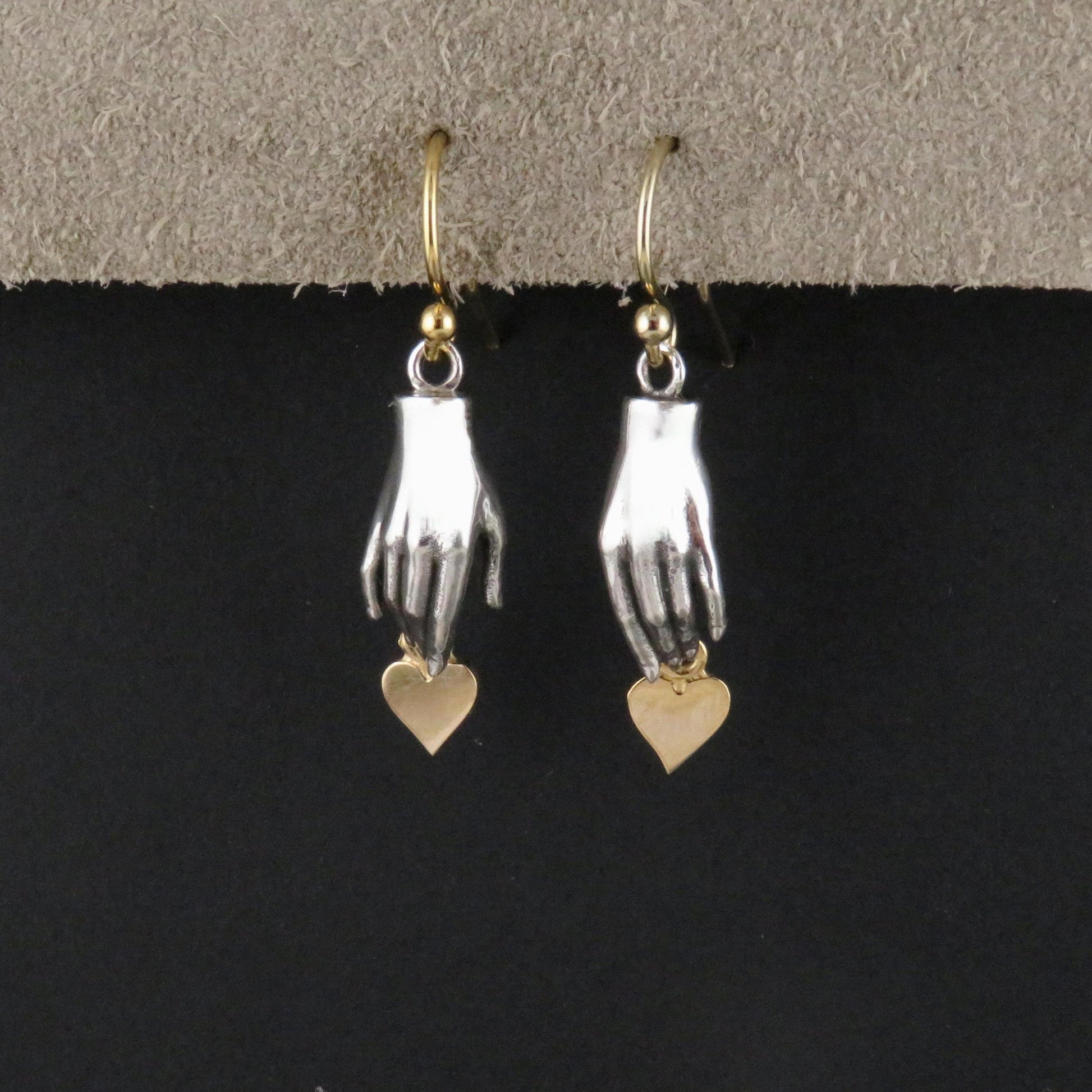 Silver Hand Earrings | Hand and Heart Earrings | Reach for Love Earrings | Mixed Metal Earrings | Sterling Hand Gold Heart Earrings