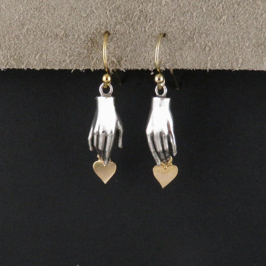 Silver Hand Earrings | Hand and Heart Earrings | Reach for Love Earrings | Mixed Metal Earrings | Sterling Hand Gold Heart Earrings