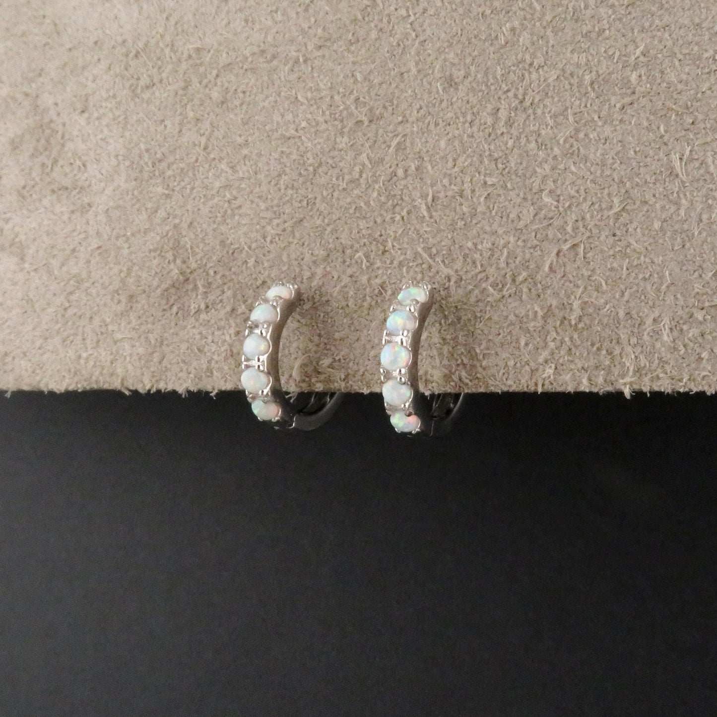 Silver Opal Hoops | Sterling Opal Hoop Earrings | Silver White Opal Clicker Hoops | Lab Opal Hoops | Sterling Simple Opal Hoop Earrings