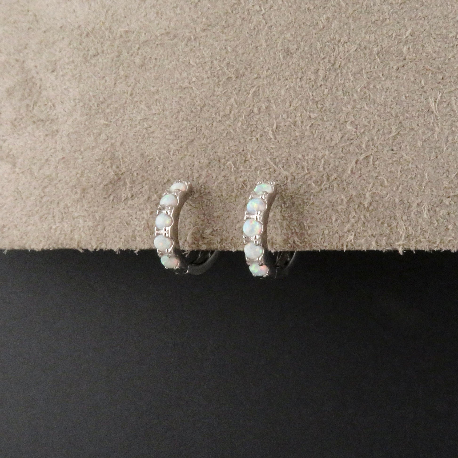 Silver Opal Hoops | Sterling Opal Hoop Earrings | Silver White Opal Clicker Hoops | Lab Opal Hoops | Sterling Simple Opal Hoop Earrings