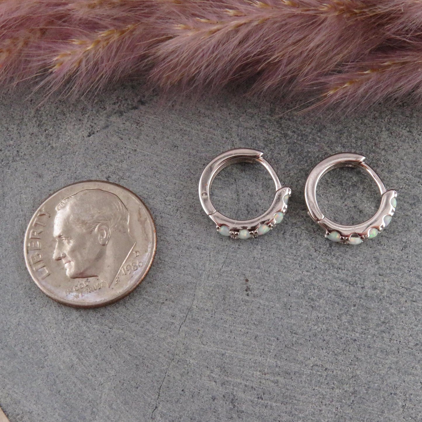 Silver Opal Hoops | Sterling Opal Hoop Earrings | Silver White Opal Clicker Hoops | Lab Opal Hoops | Sterling Simple Opal Hoop Earrings