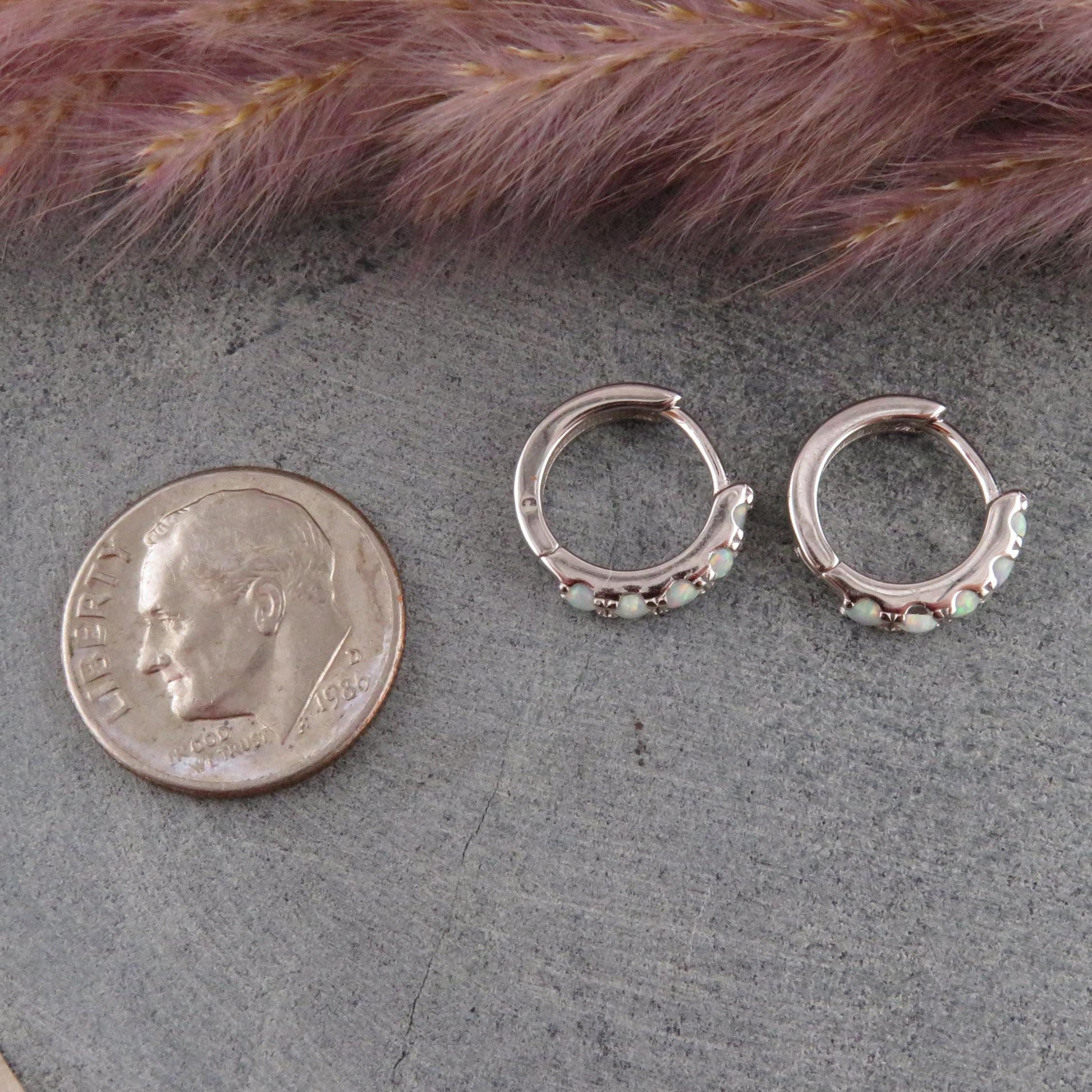 Silver Opal Hoops | Sterling Opal Hoop Earrings | Silver White Opal Clicker Hoops | Lab Opal Hoops | Sterling Simple Opal Hoop Earrings