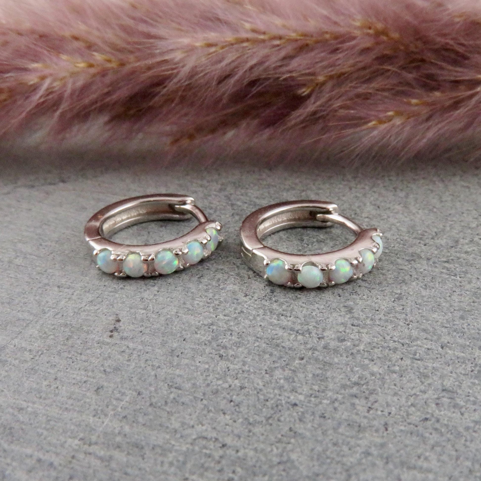 Silver Opal Hoops | Sterling Opal Hoop Earrings | Silver White Opal Clicker Hoops | Lab Opal Hoops | Sterling Simple Opal Hoop Earrings