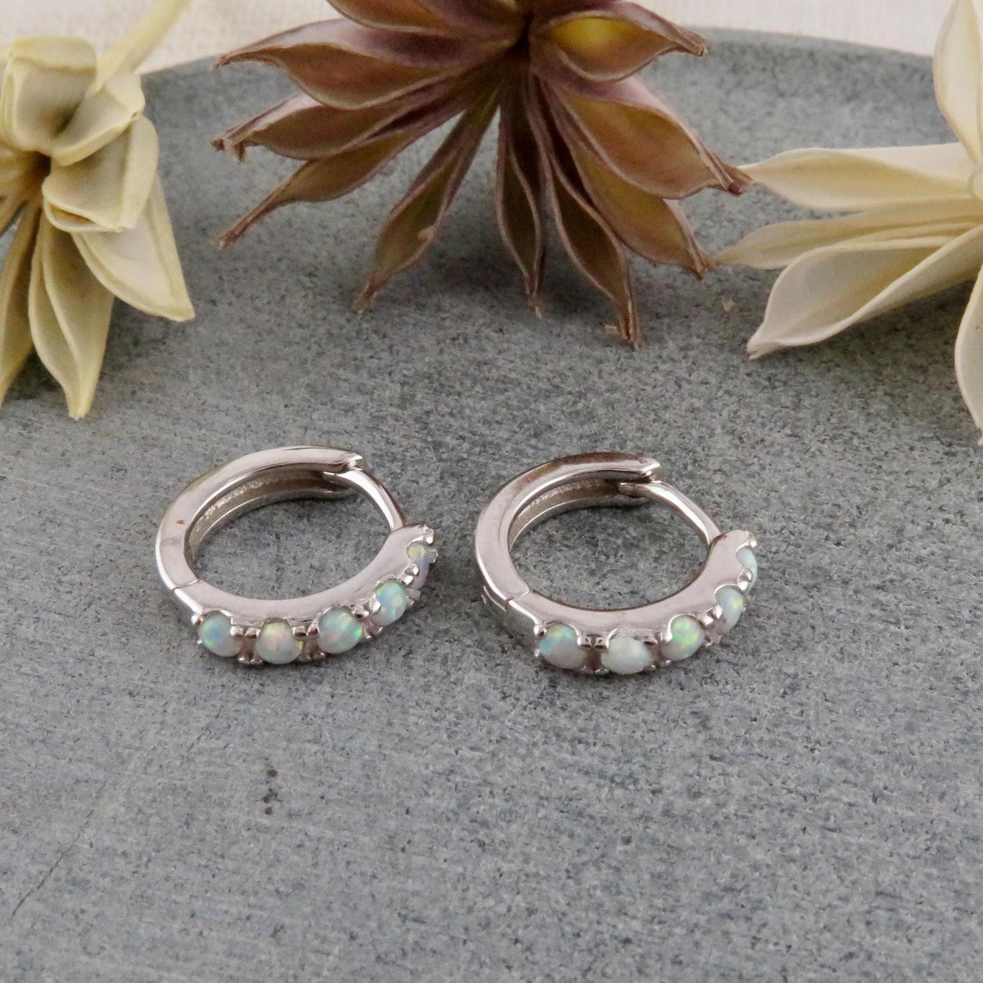 Silver Opal Hoops | Sterling Opal Hoop Earrings | Silver White Opal Clicker Hoops | Lab Opal Hoops | Sterling Simple Opal Hoop Earrings