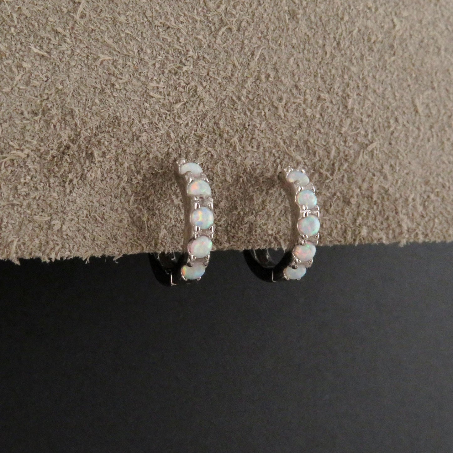Silver Opal Hoops | Sterling Opal Hoop Earrings | Silver White Opal Clicker Hoops | Lab Opal Hoops | Sterling Simple Opal Hoop Earrings