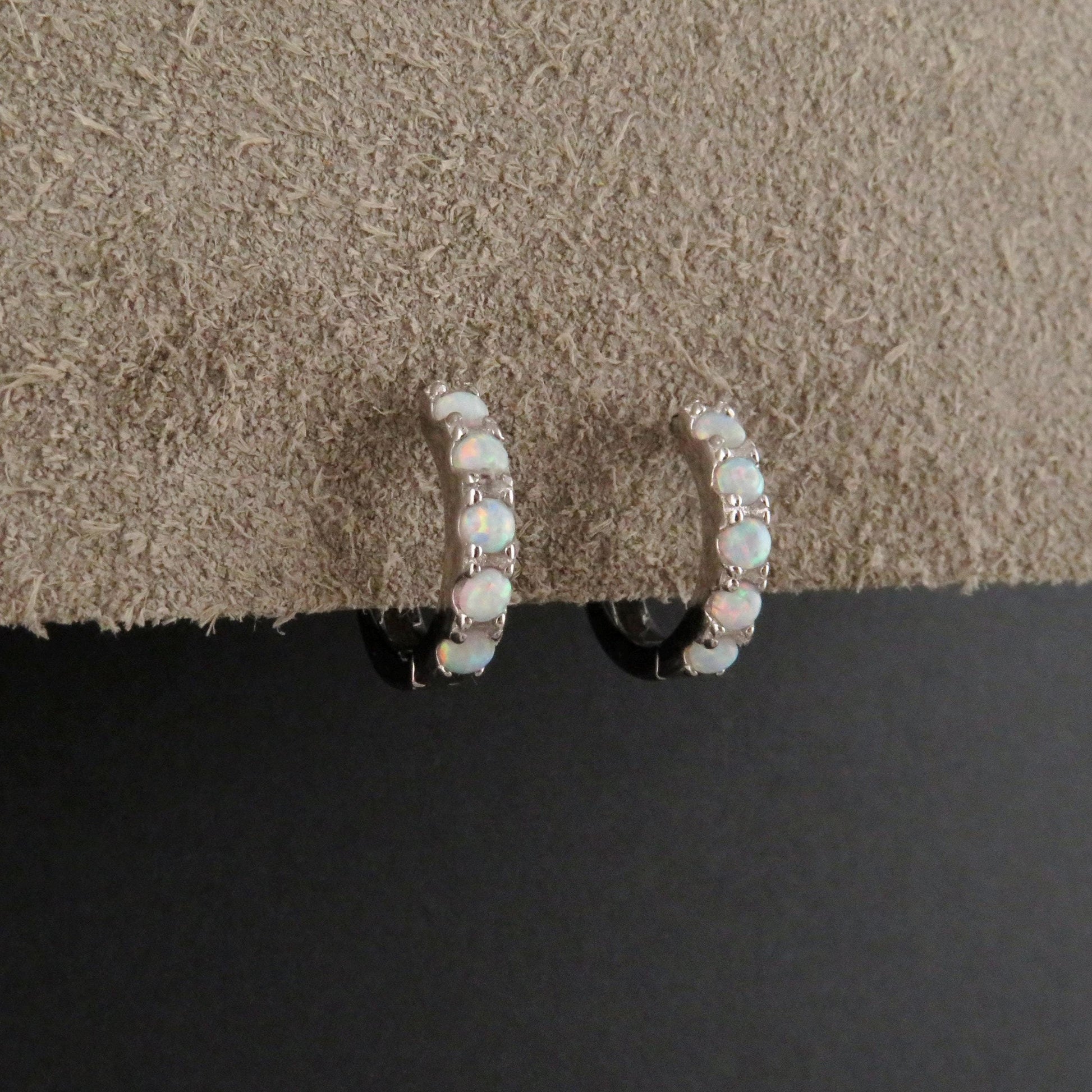 Silver Opal Hoops | Sterling Opal Hoop Earrings | Silver White Opal Clicker Hoops | Lab Opal Hoops | Sterling Simple Opal Hoop Earrings