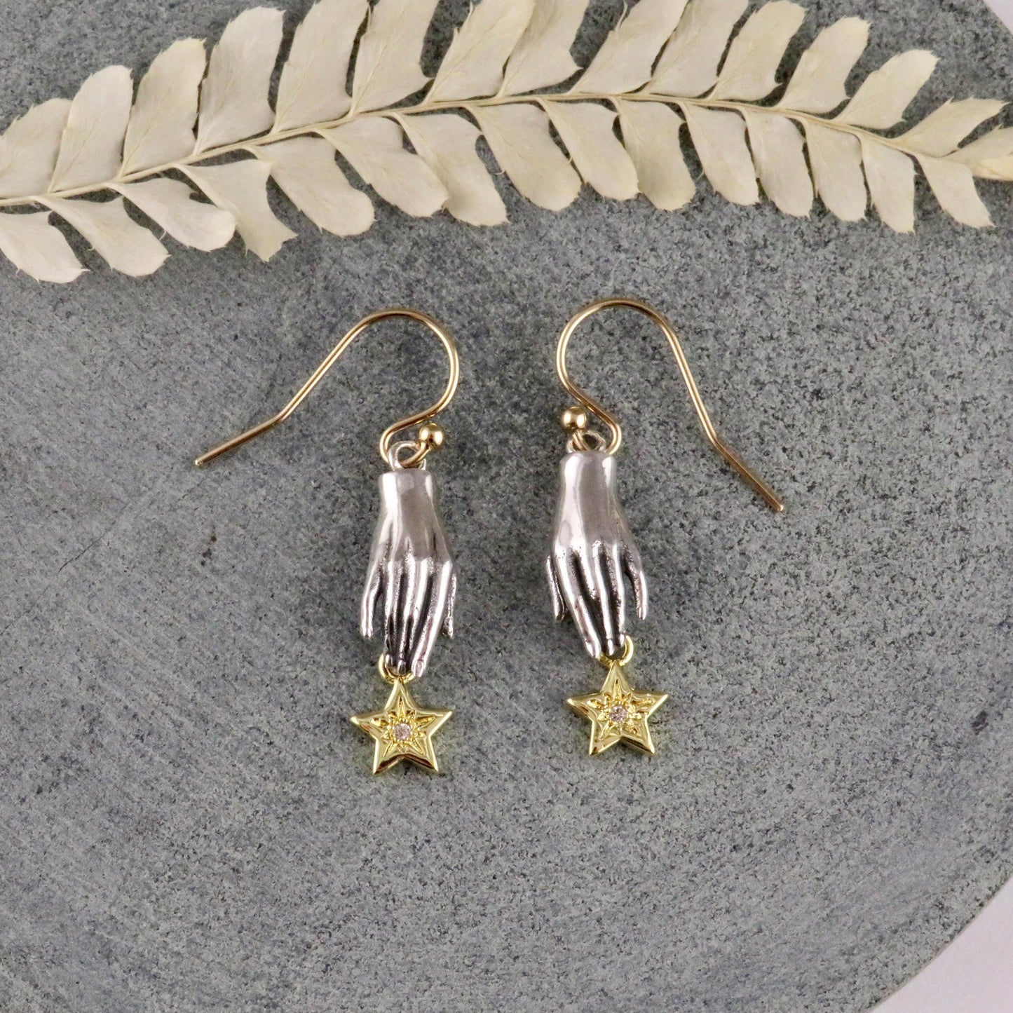 Silver Hand Earrings | Hand and Star Earrings | Reach for the Stars Earrings | Mixed Metal Earrings | Sterling Hand Gold Star Earrings
