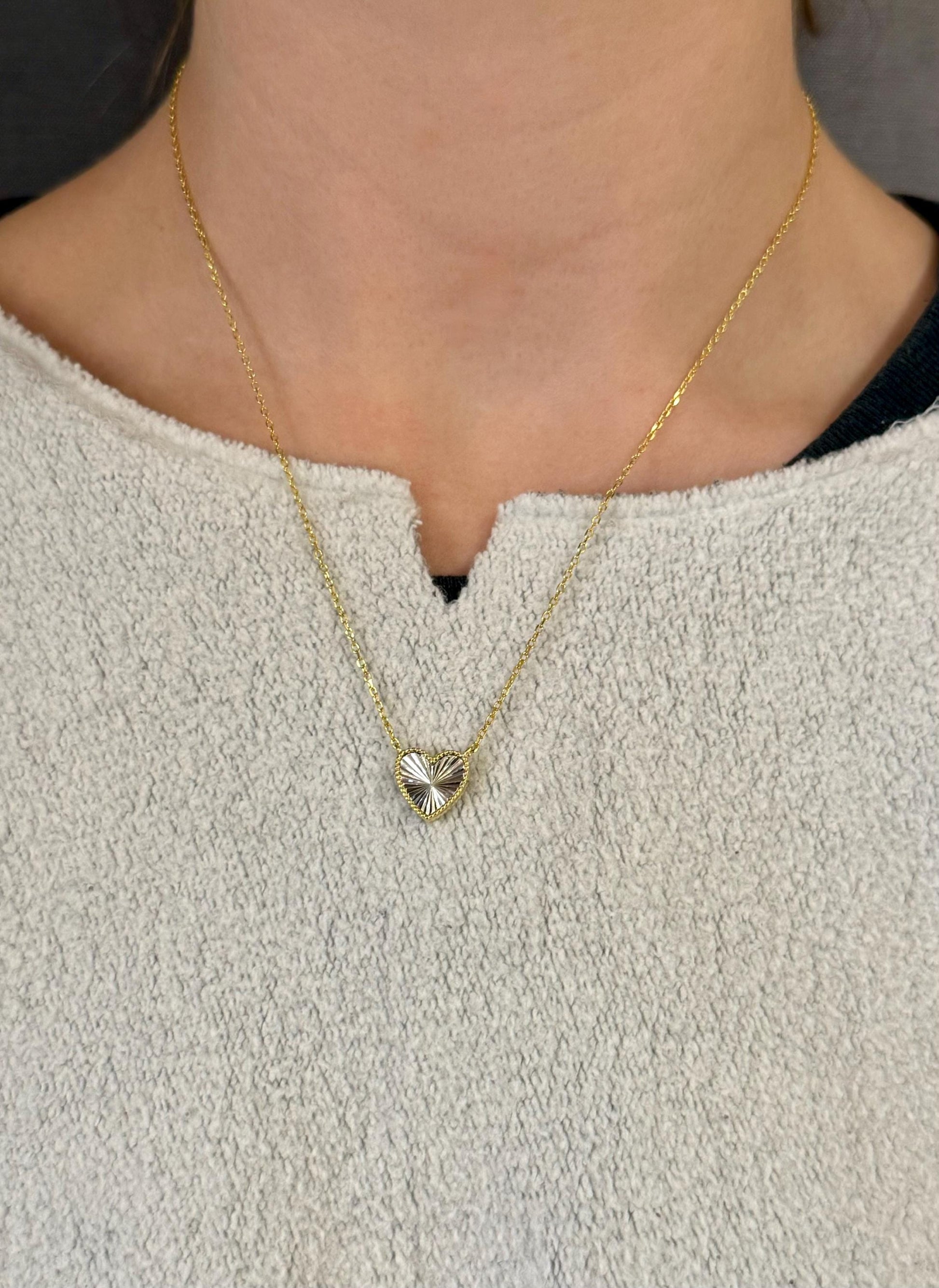 Two Tone Heart Necklace | Mixed Metal Heart Necklace | Sterling Heart Necklace | Framed Heart Burst Pendant | Heart Rays Gold Silver Pendant