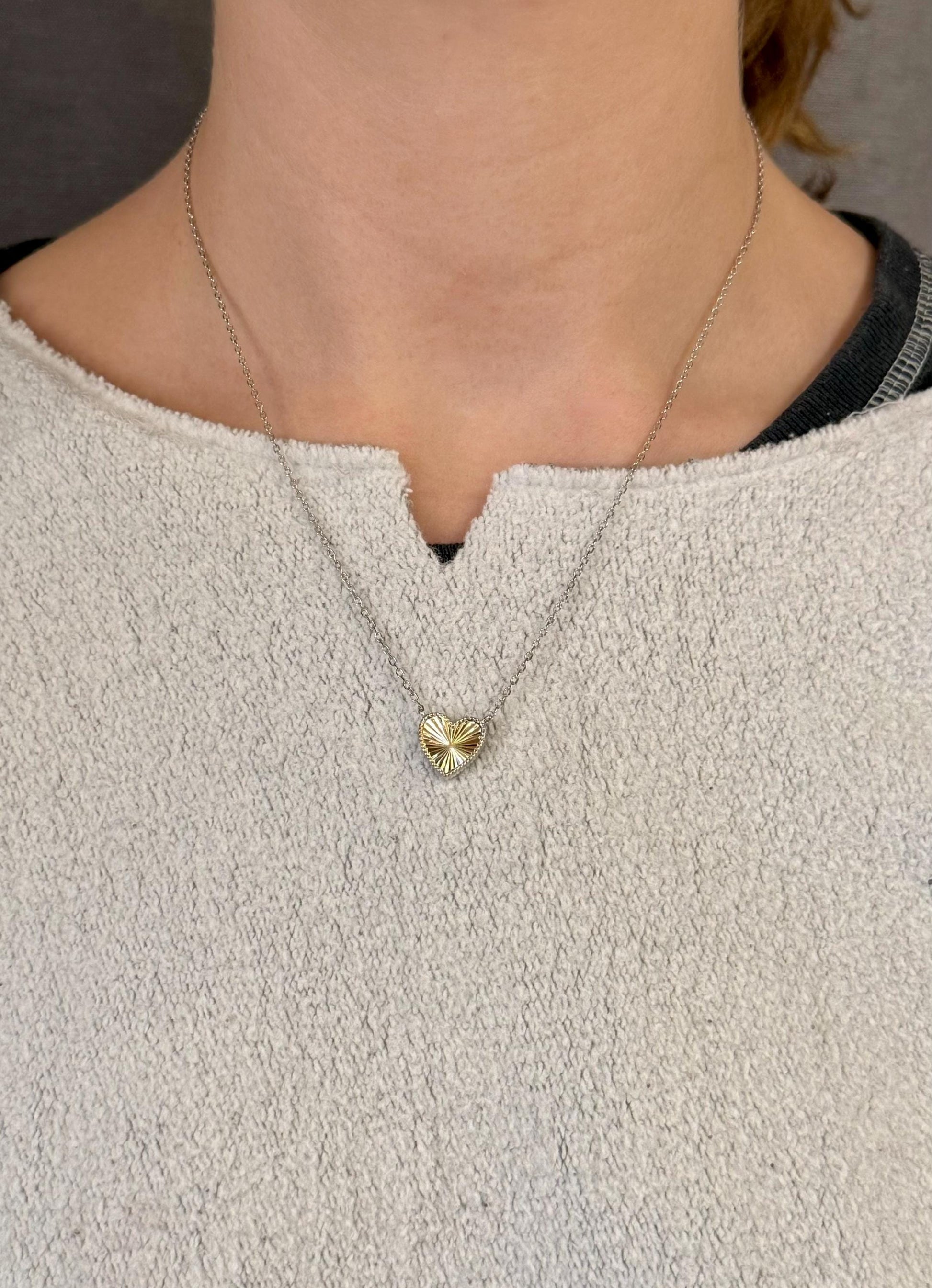 Two Tone Heart Necklace | Mixed Metal Heart Necklace | Sterling Heart Necklace | Framed Heart Burst Pendant | Heart Rays Gold Silver Pendant