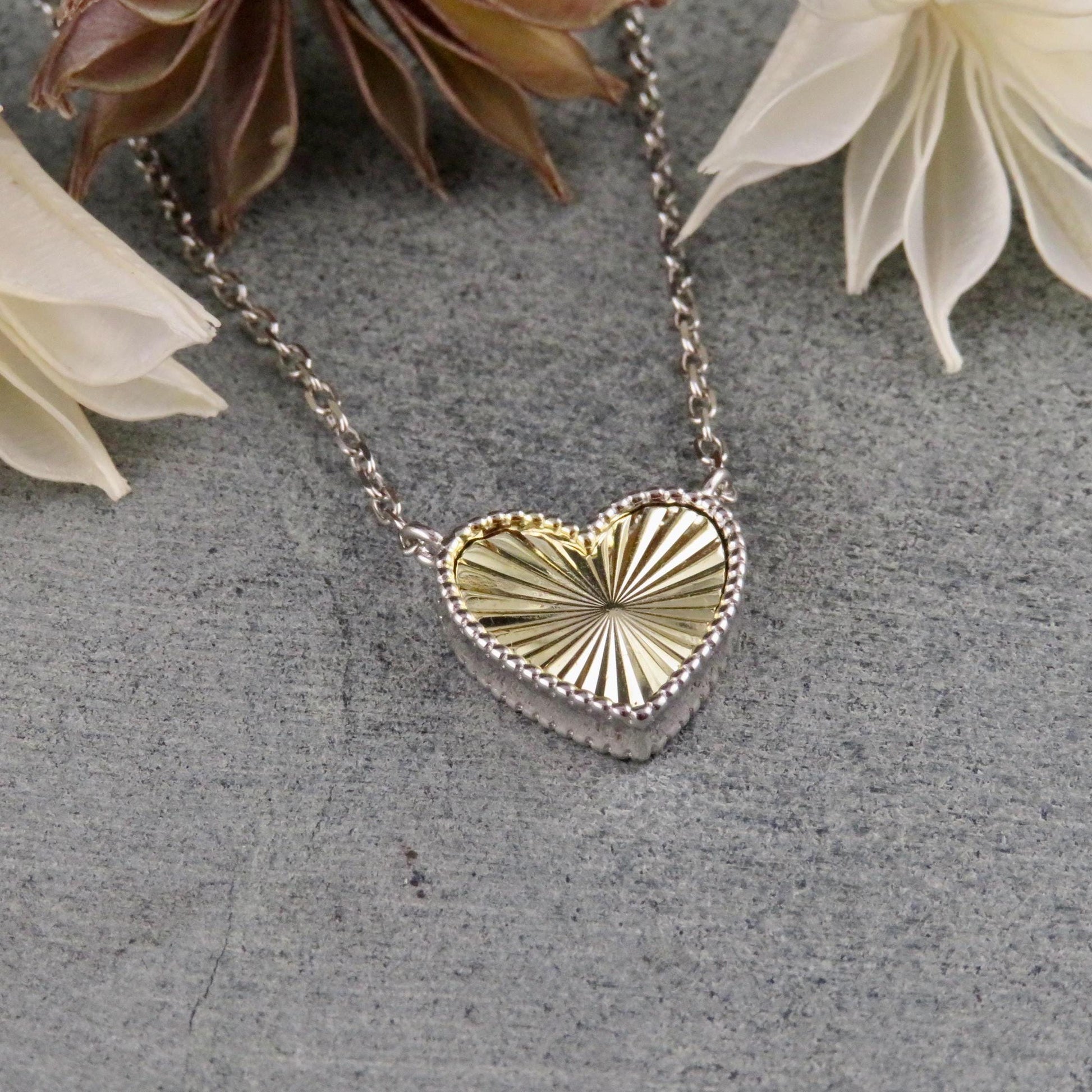 Two Tone Heart Necklace | Mixed Metal Heart Necklace | Sterling Heart Necklace | Framed Heart Burst Pendant | Heart Rays Gold Silver Pendant