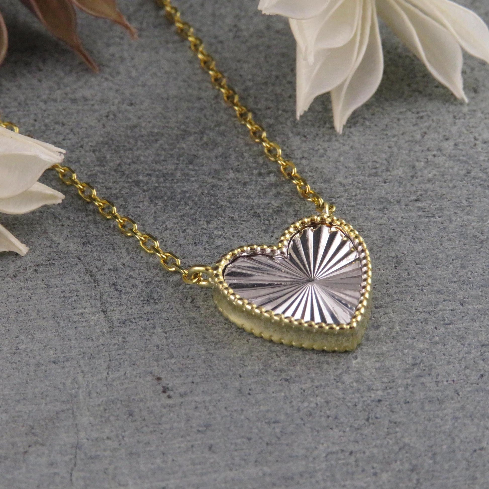 Two Tone Heart Necklace | Mixed Metal Heart Necklace | Sterling Heart Necklace | Framed Heart Burst Pendant | Heart Rays Gold Silver Pendant