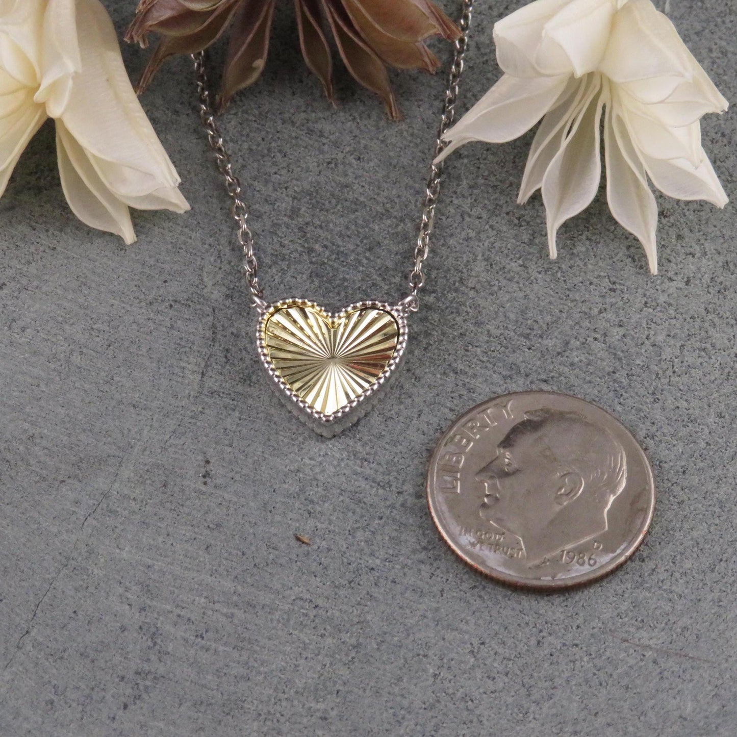 Two Tone Heart Necklace | Mixed Metal Heart Necklace | Sterling Heart Necklace | Framed Heart Burst Pendant | Heart Rays Gold Silver Pendant