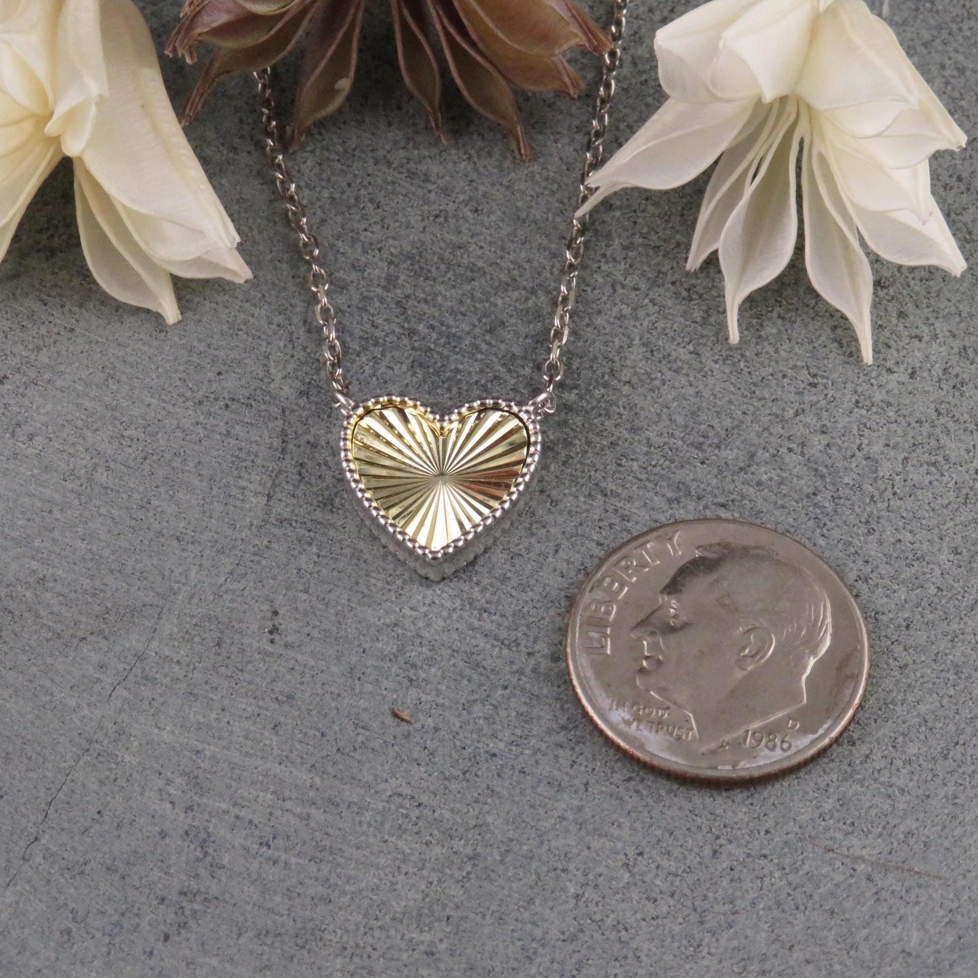 Two Tone Heart Necklace | Mixed Metal Heart Necklace | Sterling Heart Necklace | Framed Heart Burst Pendant | Heart Rays Gold Silver Pendant