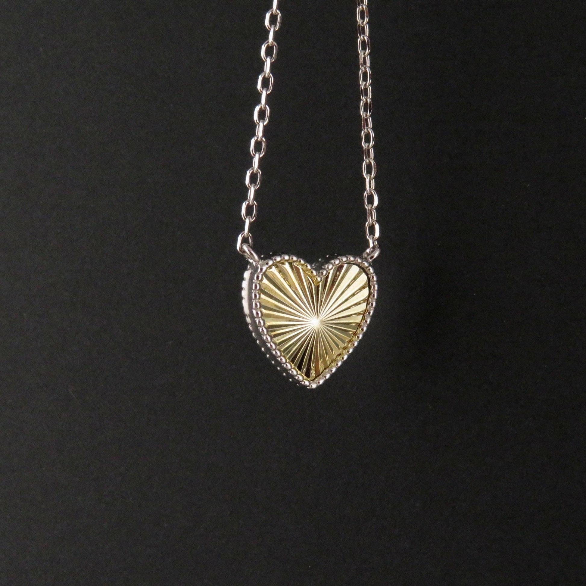 Two Tone Heart Necklace | Mixed Metal Heart Necklace | Sterling Heart Necklace | Framed Heart Burst Pendant | Heart Rays Gold Silver Pendant