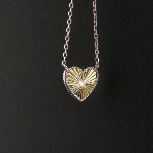 Two Tone Heart Necklace | Mixed Metal Heart Necklace | Sterling Heart Necklace | Framed Heart Burst Pendant | Heart Rays Gold Silver Pendant