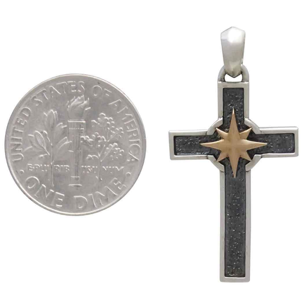 Two Tone Cross Necklace | Silver Gold Cross Medallion | Mixed Metal Cross | Sterling Cross North Star | Cross and Compass Pendant