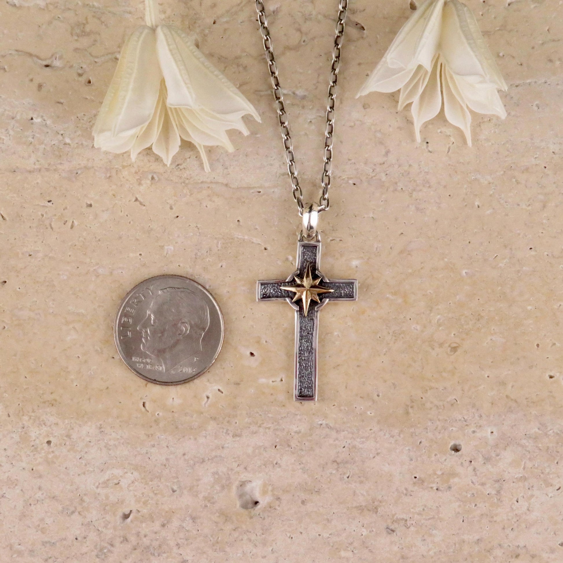 Two Tone Cross Necklace | Silver Gold Cross Medallion | Mixed Metal Cross | Sterling Cross North Star | Cross and Compass Pendant