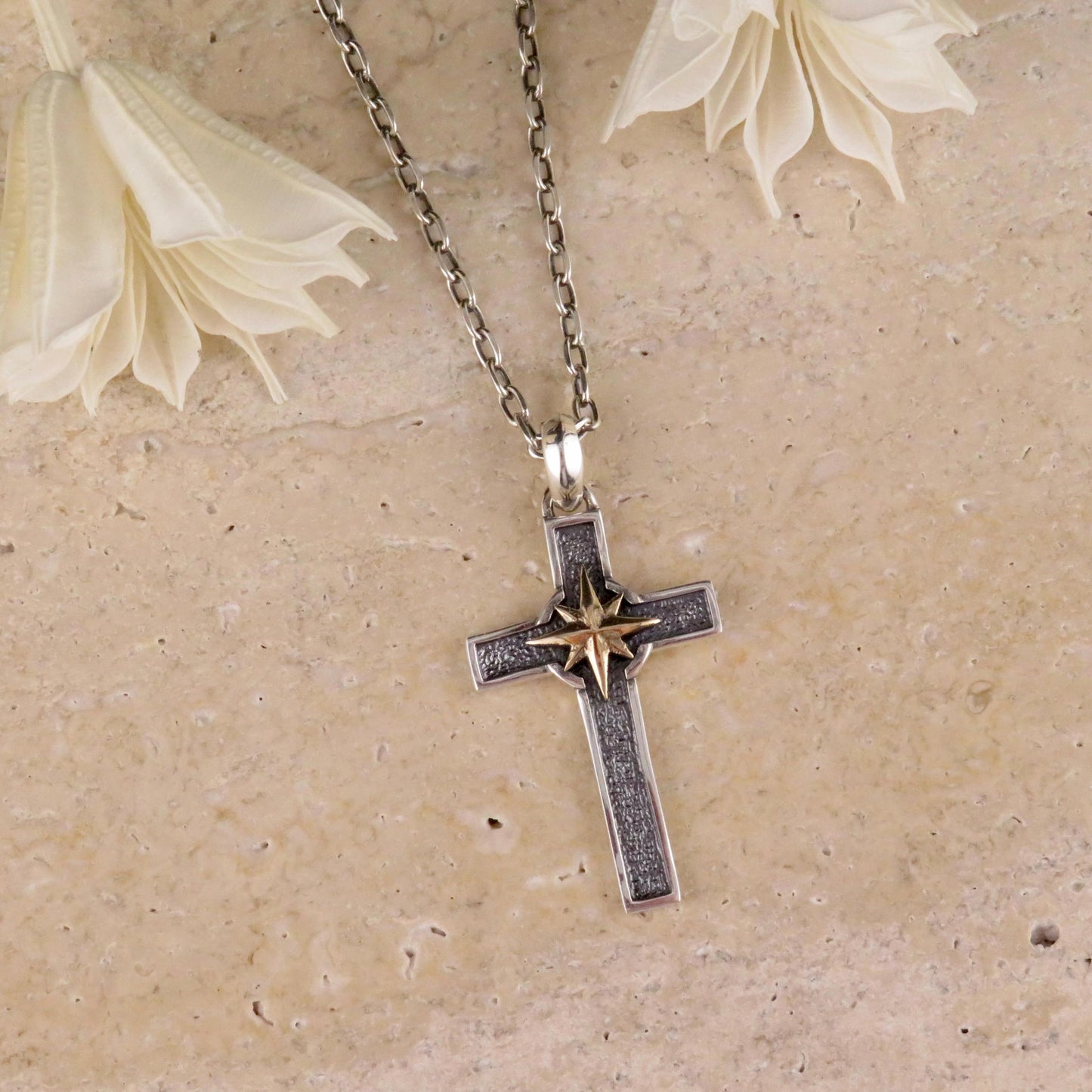 Two Tone Cross Necklace | Silver Gold Cross Medallion | Mixed Metal Cross | Sterling Cross North Star | Cross and Compass Pendant