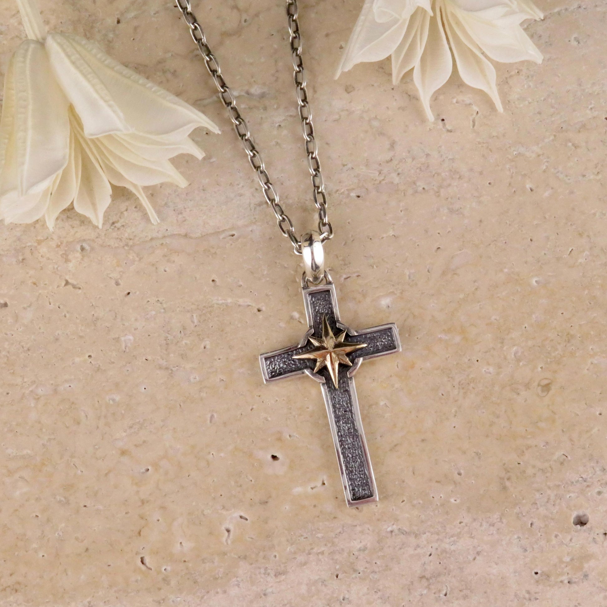 Two Tone Cross Necklace | Silver Gold Cross Medallion | Mixed Metal Cross | Sterling Cross North Star | Cross and Compass Pendant