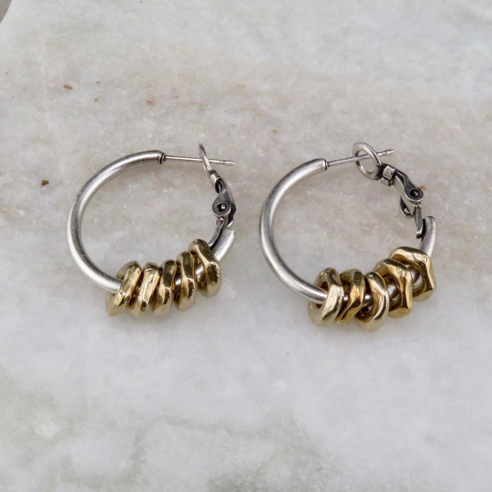 Two Tone Hoop Earrings | Silver and Gold Earrings | Mixed Metal Hoop Earrings | Hammered Hoop Earrings | Bronze Dangles | Unique Hoops