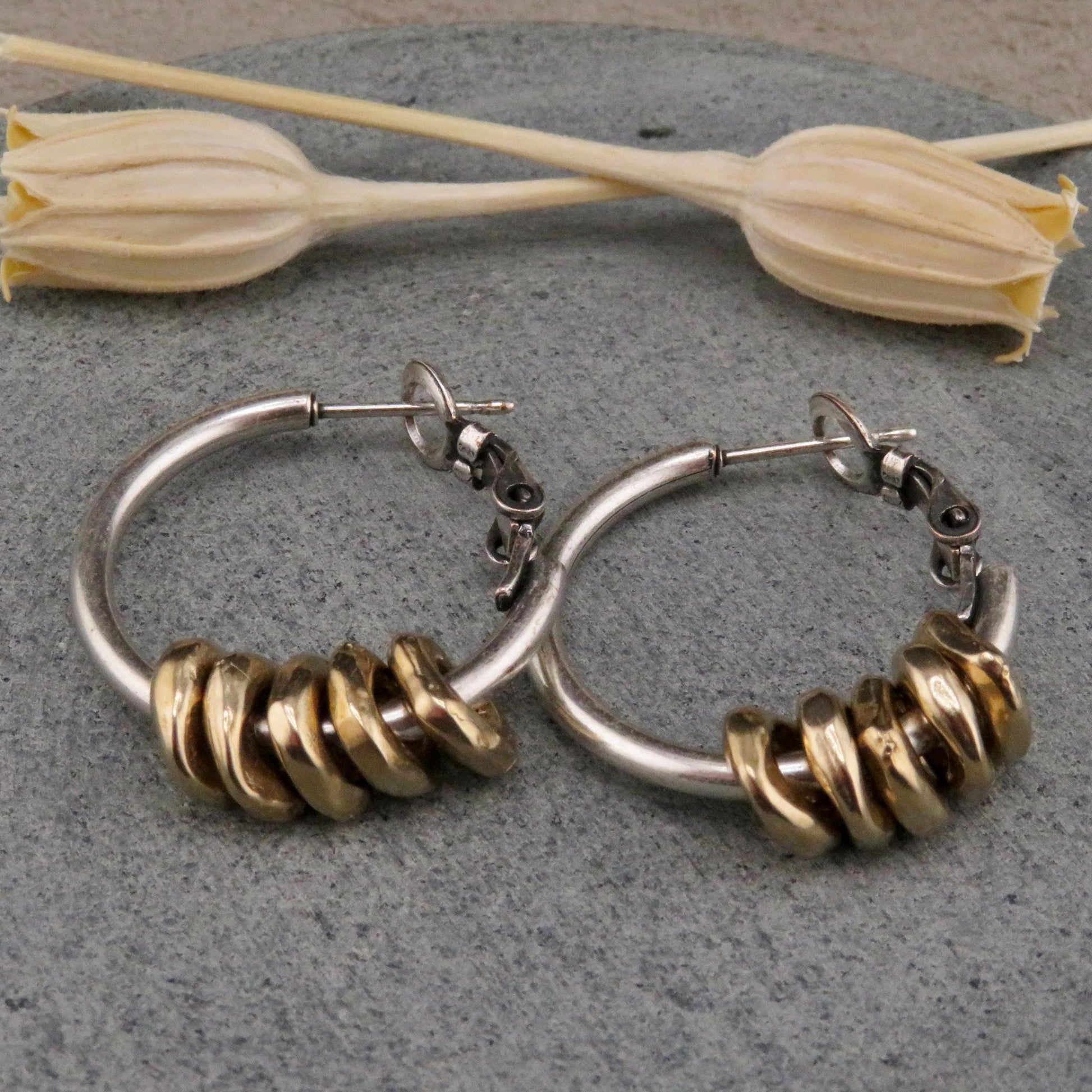 Two Tone Hoop Earrings | Silver and Gold Earrings | Mixed Metal Hoop Earrings | Hammered Hoop Earrings | Bronze Dangles | Unique Hoops