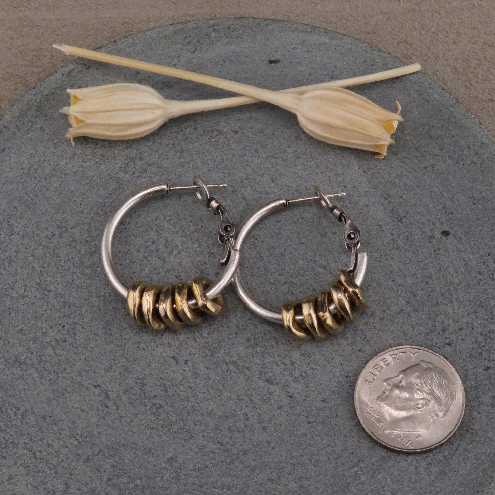 Two Tone Hoop Earrings | Silver and Gold Earrings | Mixed Metal Hoop Earrings | Hammered Hoop Earrings | Bronze Dangles | Unique Hoops