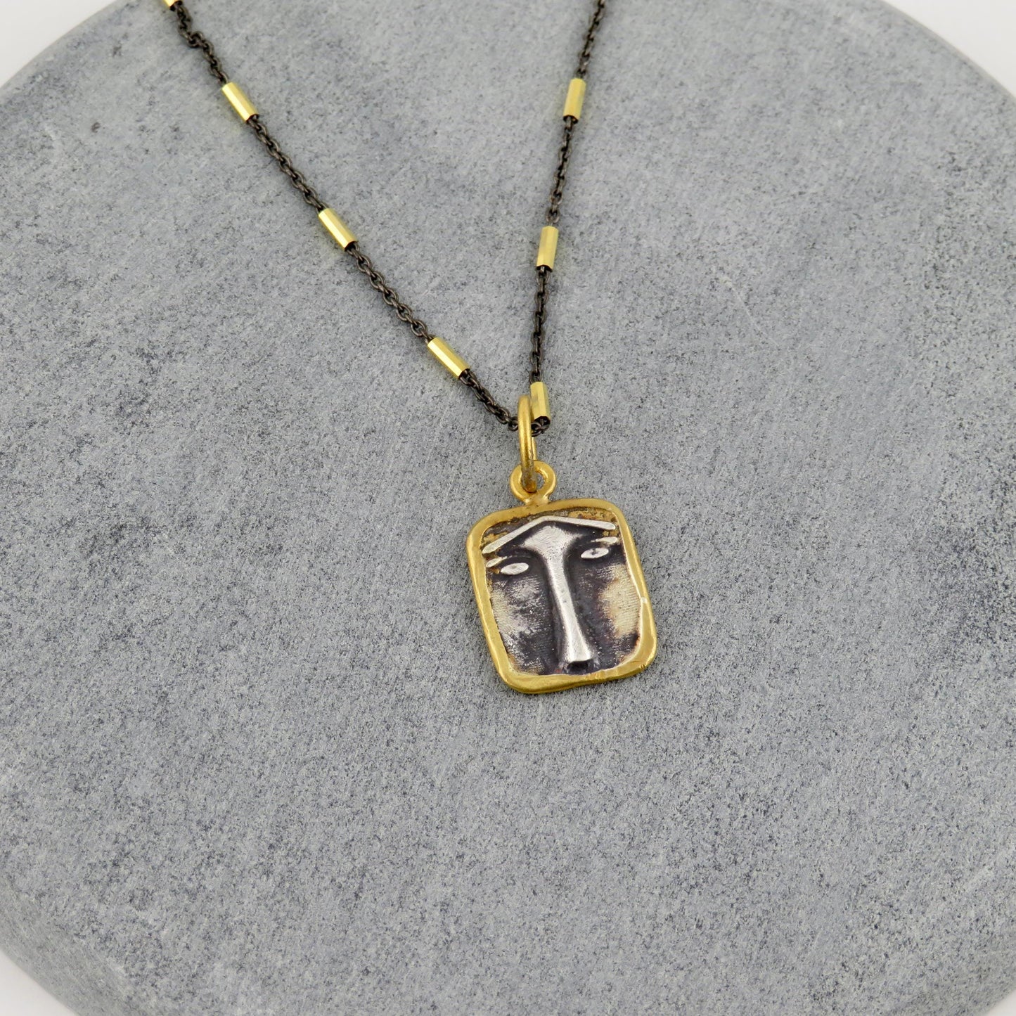 Solid Gold Vintage Pendant | Sterling Gold Face Pendant | Unique Vintage Face Necklace | 24K Gold Mixed Metal Necklace | Two Tone Face Charm