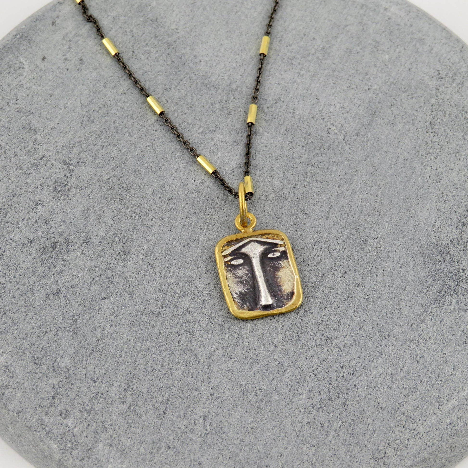 Solid Gold Vintage Pendant | Sterling Gold Face Pendant | Unique Vintage Face Necklace | 24K Gold Mixed Metal Necklace | Two Tone Face Charm