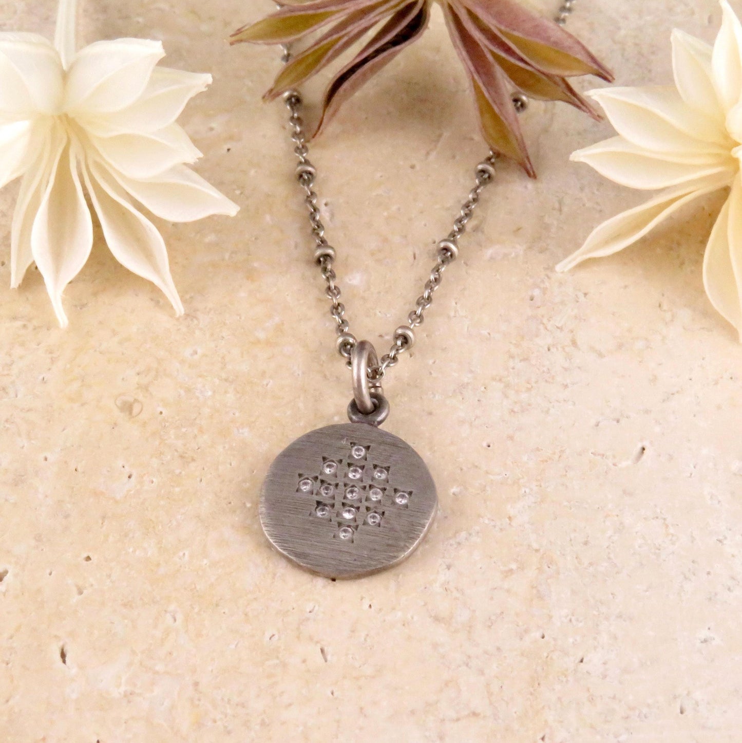 Sterling Disc Necklace | Matte Silver Disc Pendant | Silver Circle Necklace | Brushed Silver Round Necklace | Sterling Diamond Necklace