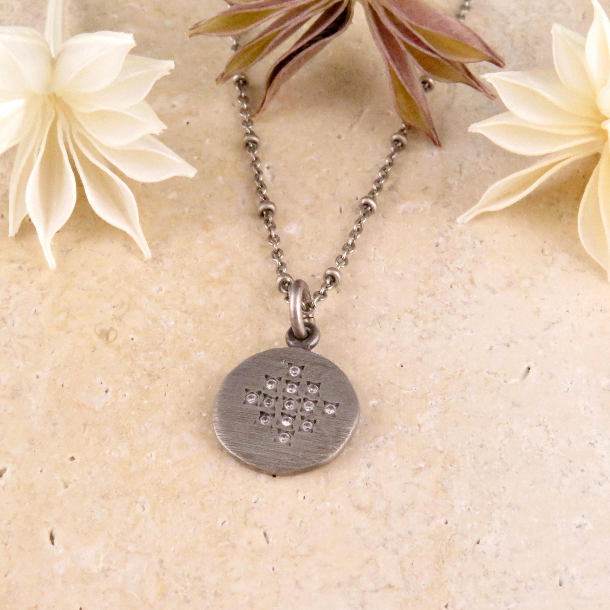 Sterling Disc Necklace | Matte Silver Disc Pendant | Silver Circle Necklace | Brushed Silver Round Necklace | Sterling Diamond Necklace