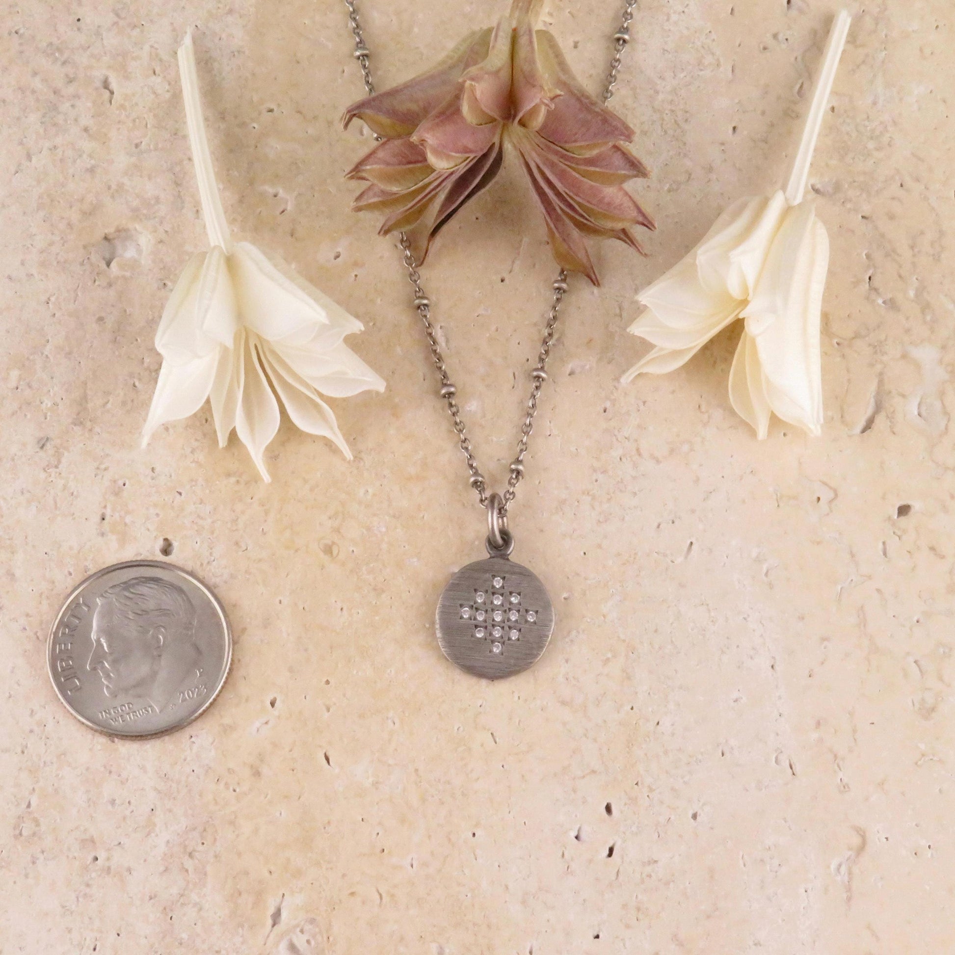 Sterling Disc Necklace | Matte Silver Disc Pendant | Silver Circle Necklace | Brushed Silver Round Necklace | Sterling Diamond Necklace