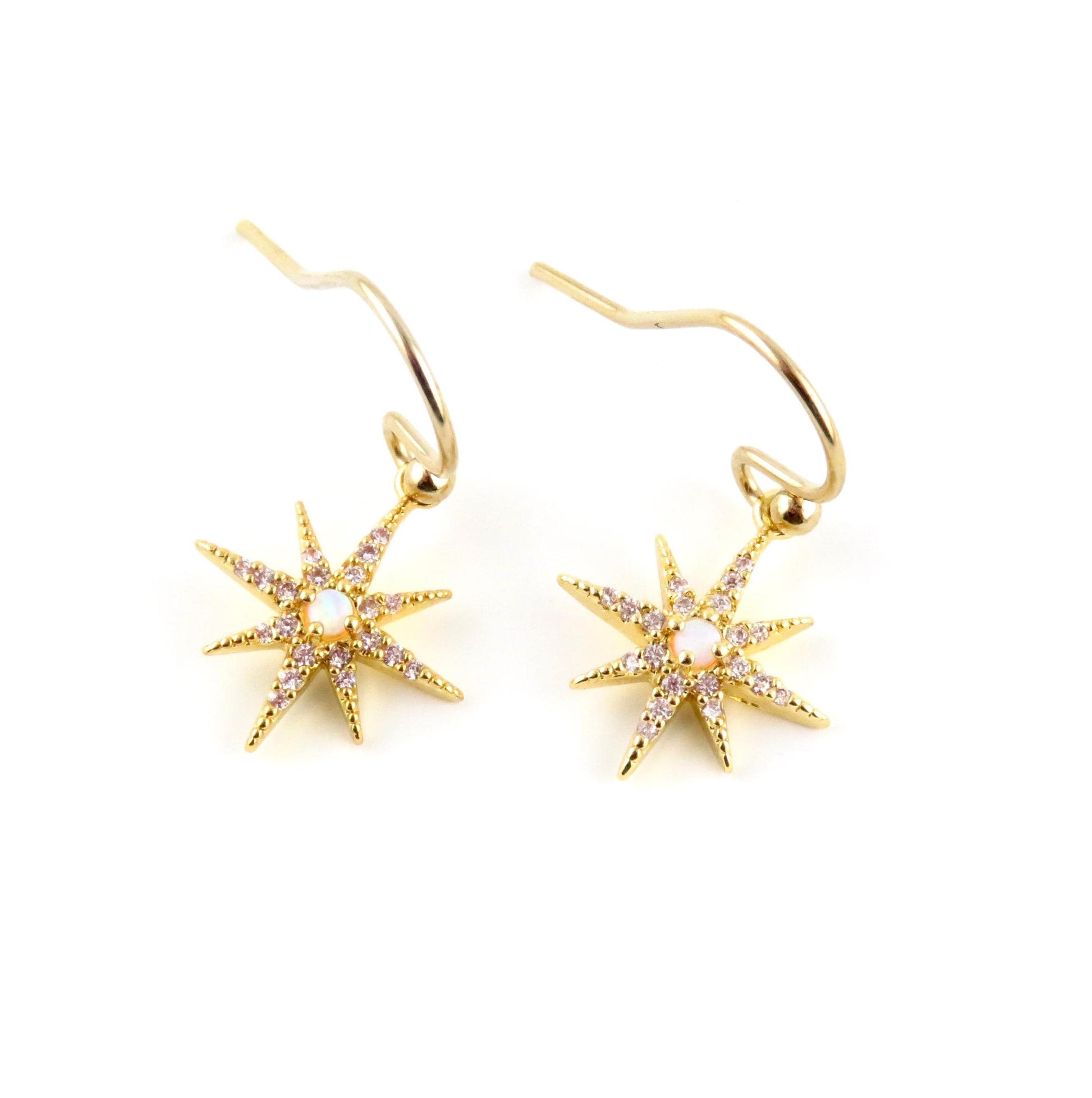 Delicate Star Opal Earrings | Gold Opal Starburst Earrings | Gold Opal Earrings | Opal CZ Earrings | White Opal Star Earring | Spiked Stars