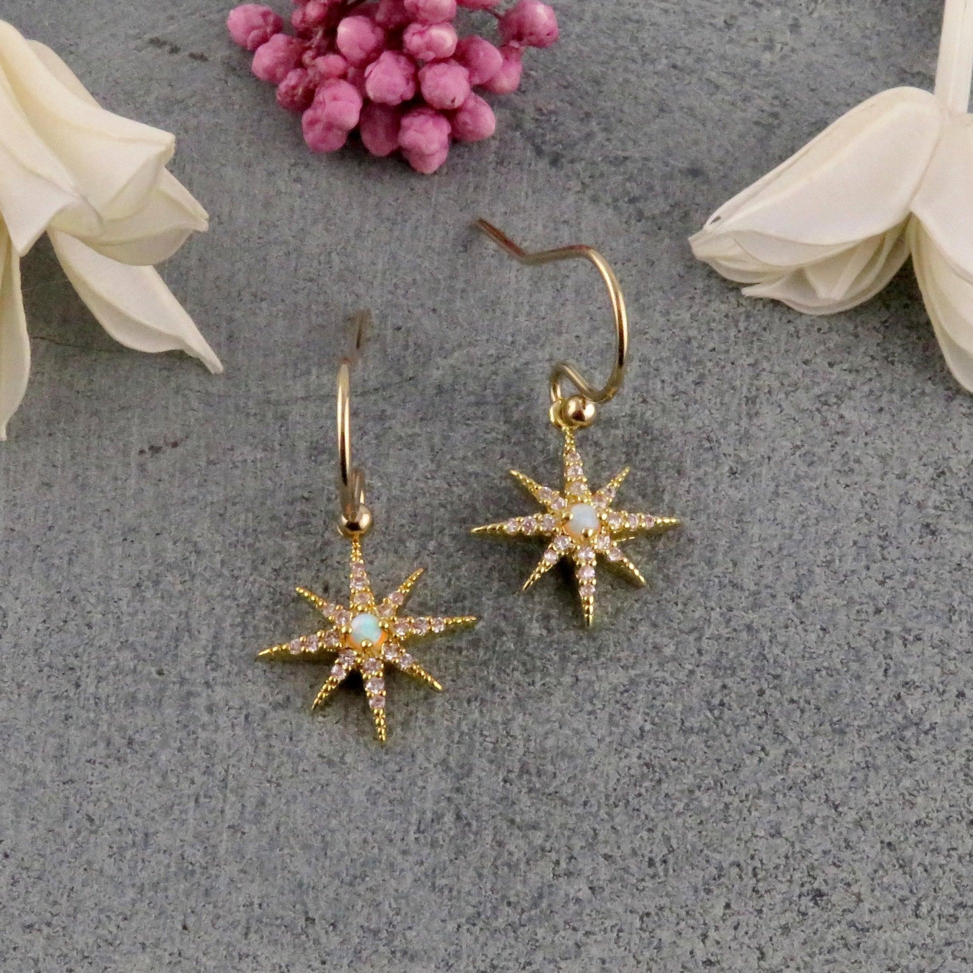 Delicate Star Opal Earrings | Gold Opal Starburst Earrings | Gold Opal Earrings | Opal CZ Earrings | White Opal Star Earring | Spiked Stars