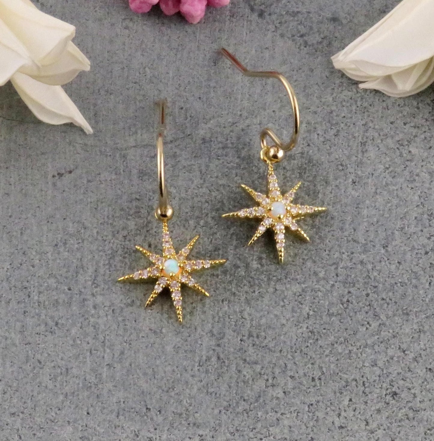 Delicate Star Opal Earrings | Gold Opal Starburst Earrings | Gold Opal Earrings | Opal CZ Earrings | White Opal Star Earring | Spiked Stars