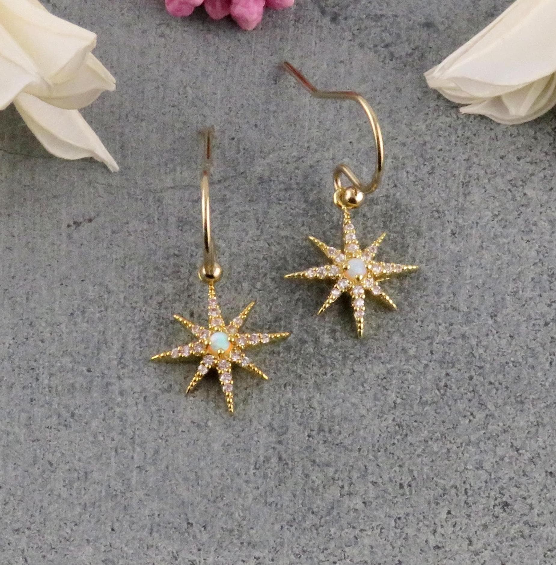 Delicate Star Opal Earrings | Gold Opal Starburst Earrings | Gold Opal Earrings | Opal CZ Earrings | White Opal Star Earring | Spiked Stars