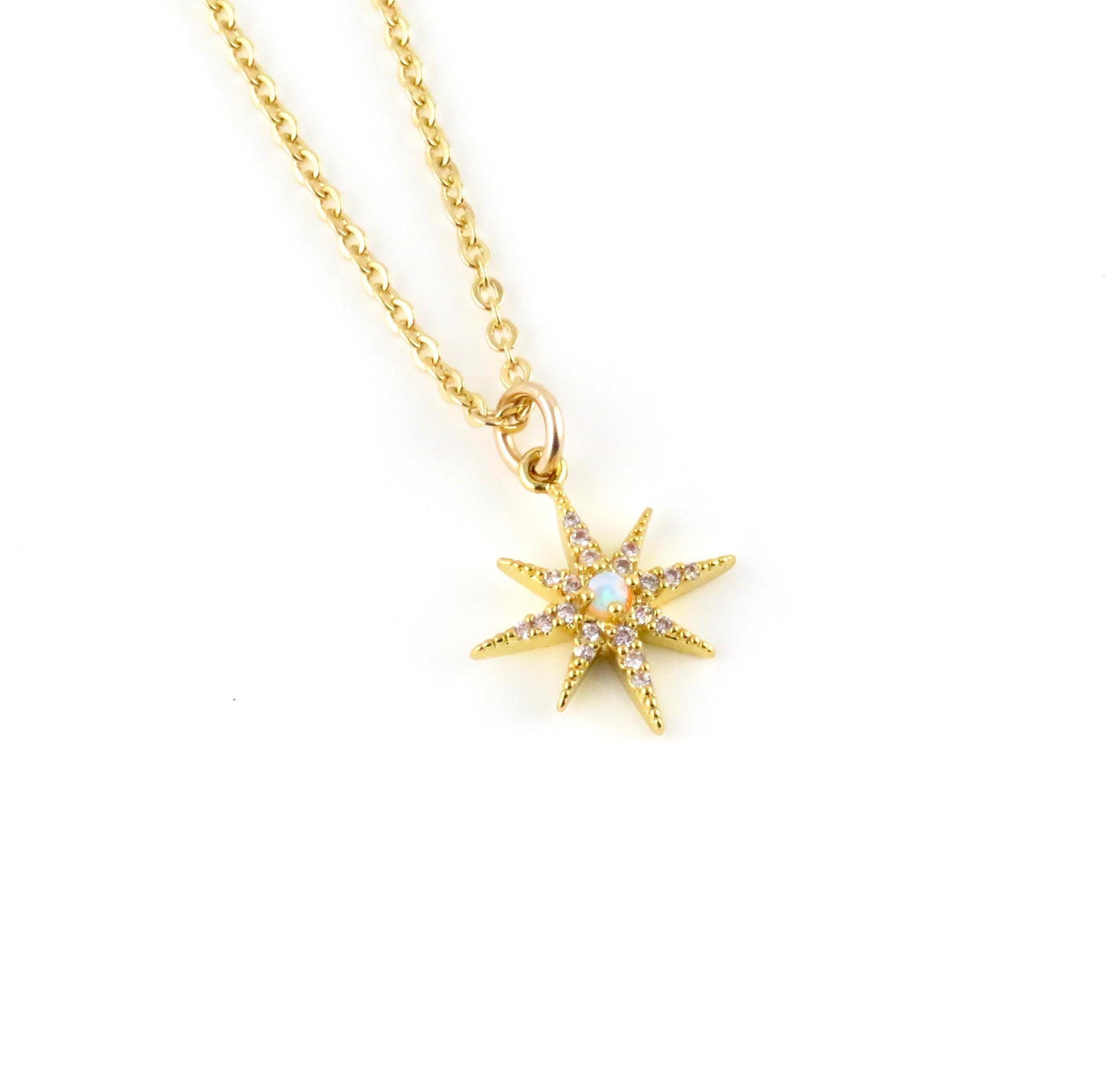 Delicate Star Opal Necklace | Gold Opal Starburst Necklace | Gold Opal Charm | Opal CZ Necklace | White Opal Star Necklace