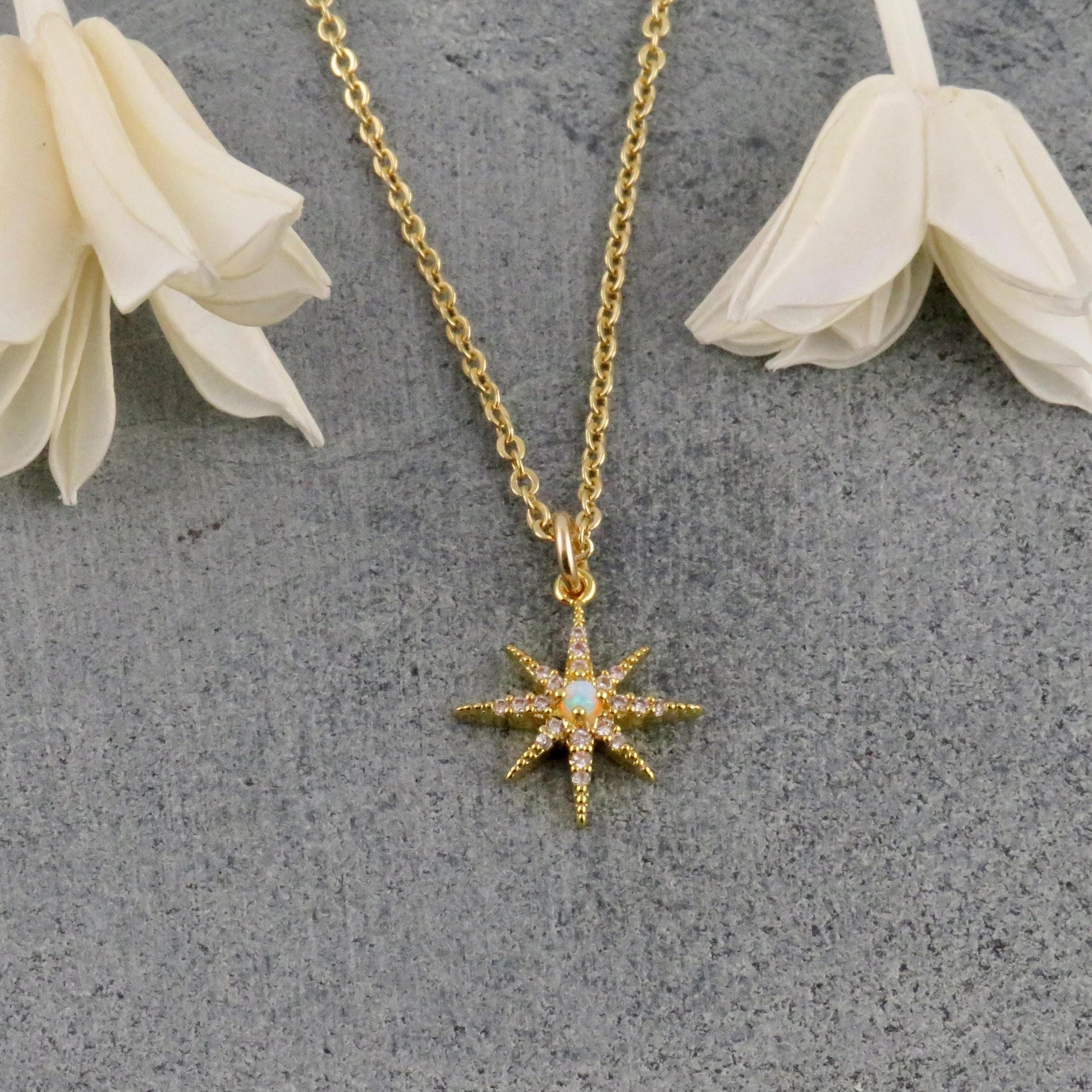 Delicate Star Opal Necklace | Gold Opal Starburst Necklace | Gold Opal Charm | Opal CZ Necklace | White Opal Star Necklace