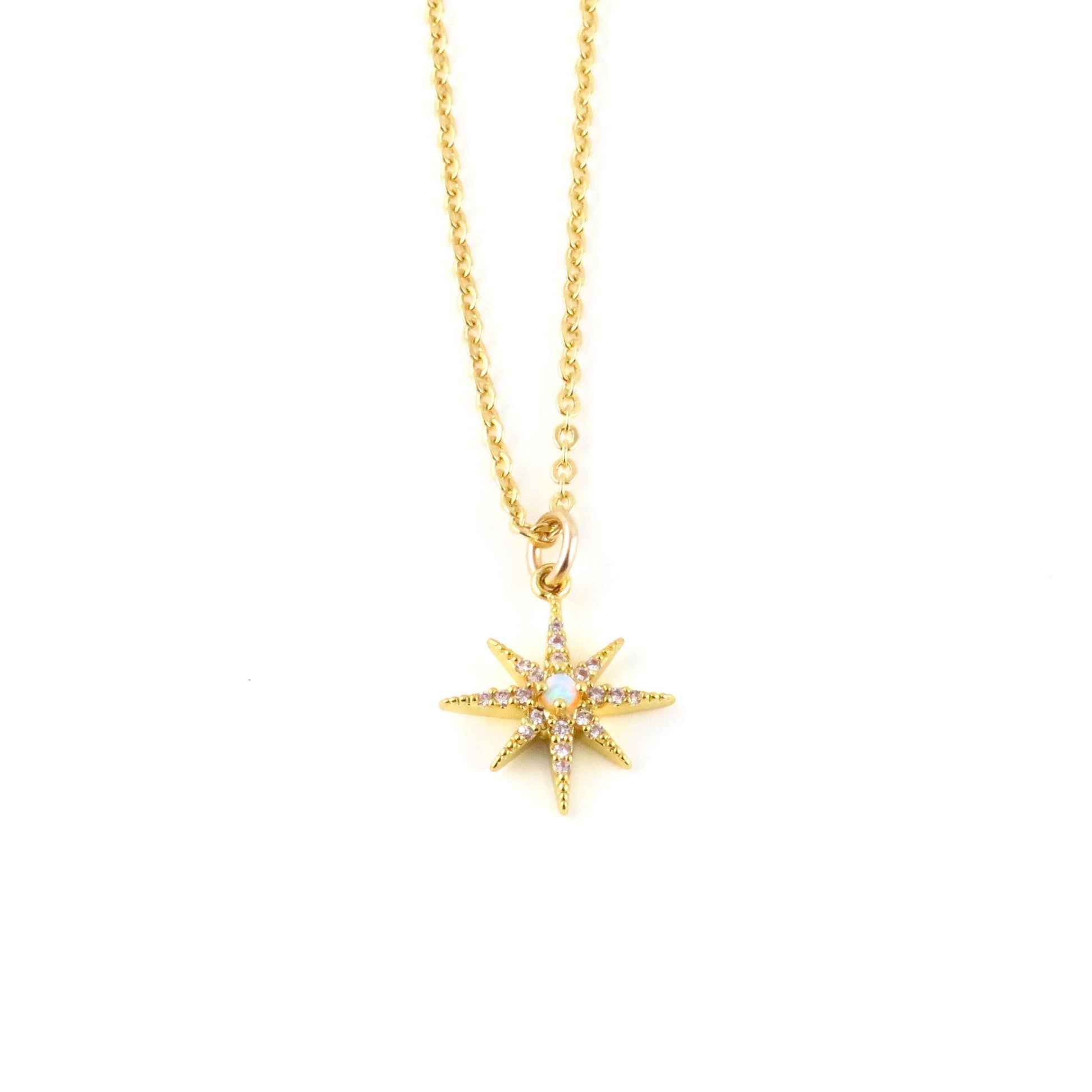Delicate Star Opal Necklace | Gold Opal Starburst Necklace | Gold Opal Charm | Opal CZ Necklace | White Opal Star Necklace