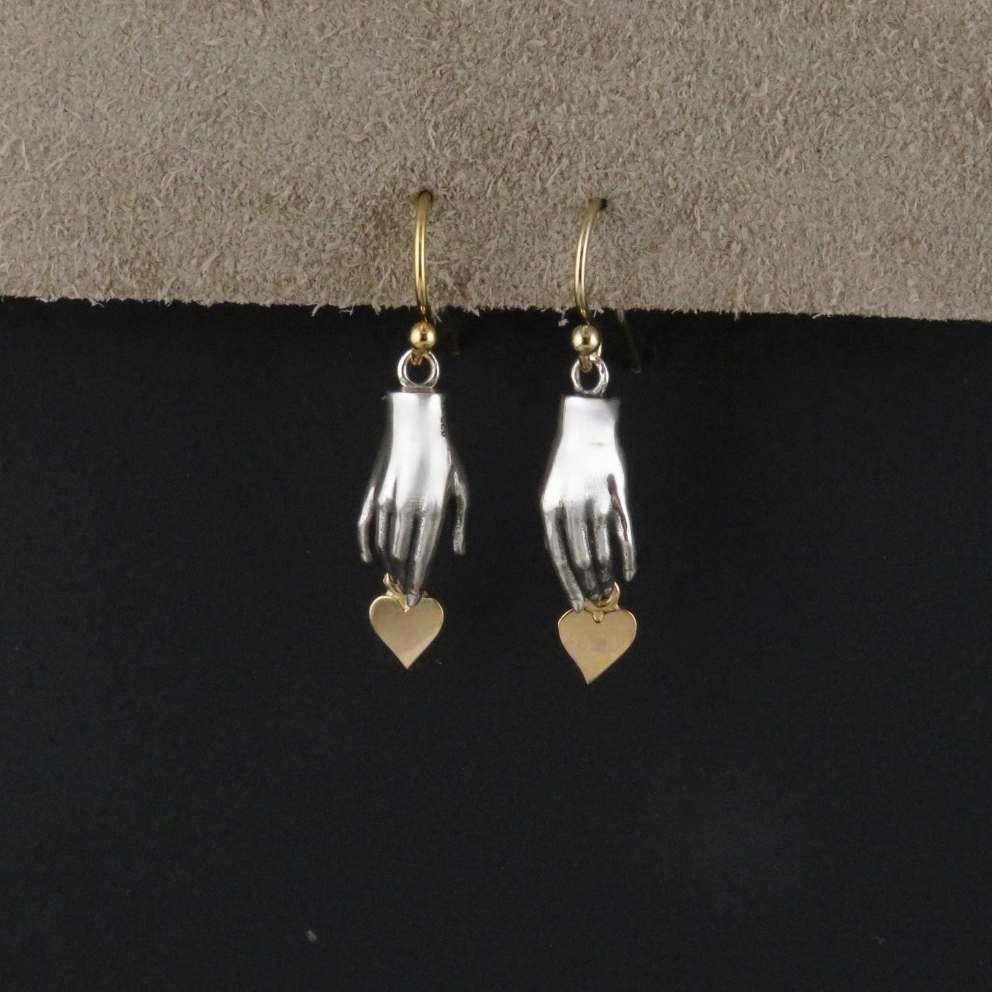Silver Hand Earrings | Hand and Heart Earrings | Reach for Love Earrings | Mixed Metal Earrings | Sterling Hand Gold Heart Earrings