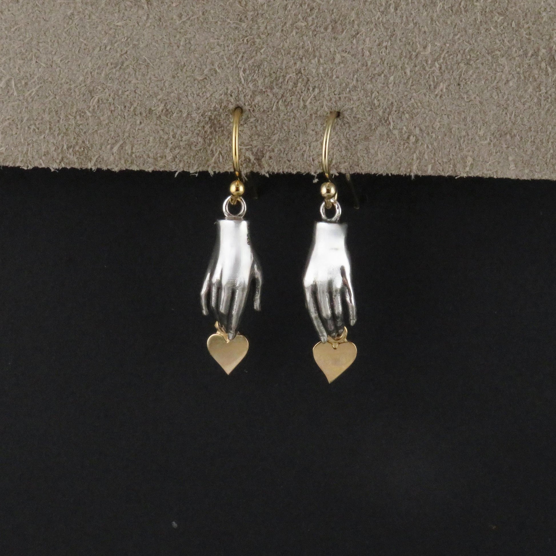 Silver Hand Earrings | Hand and Heart Earrings | Reach for Love Earrings | Mixed Metal Earrings | Sterling Hand Gold Heart Earrings