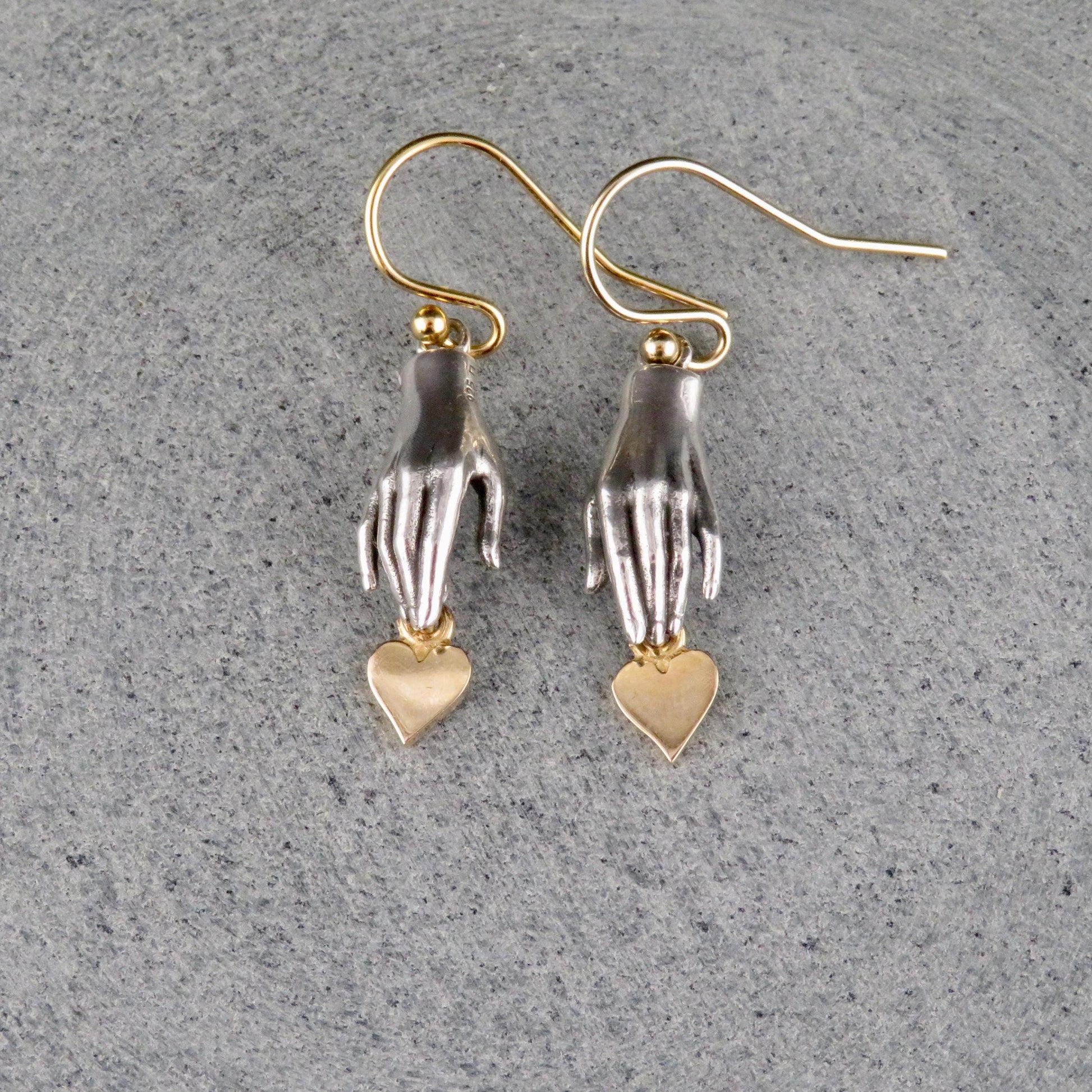 Silver Hand Earrings | Hand and Heart Earrings | Reach for Love Earrings | Mixed Metal Earrings | Sterling Hand Gold Heart Earrings