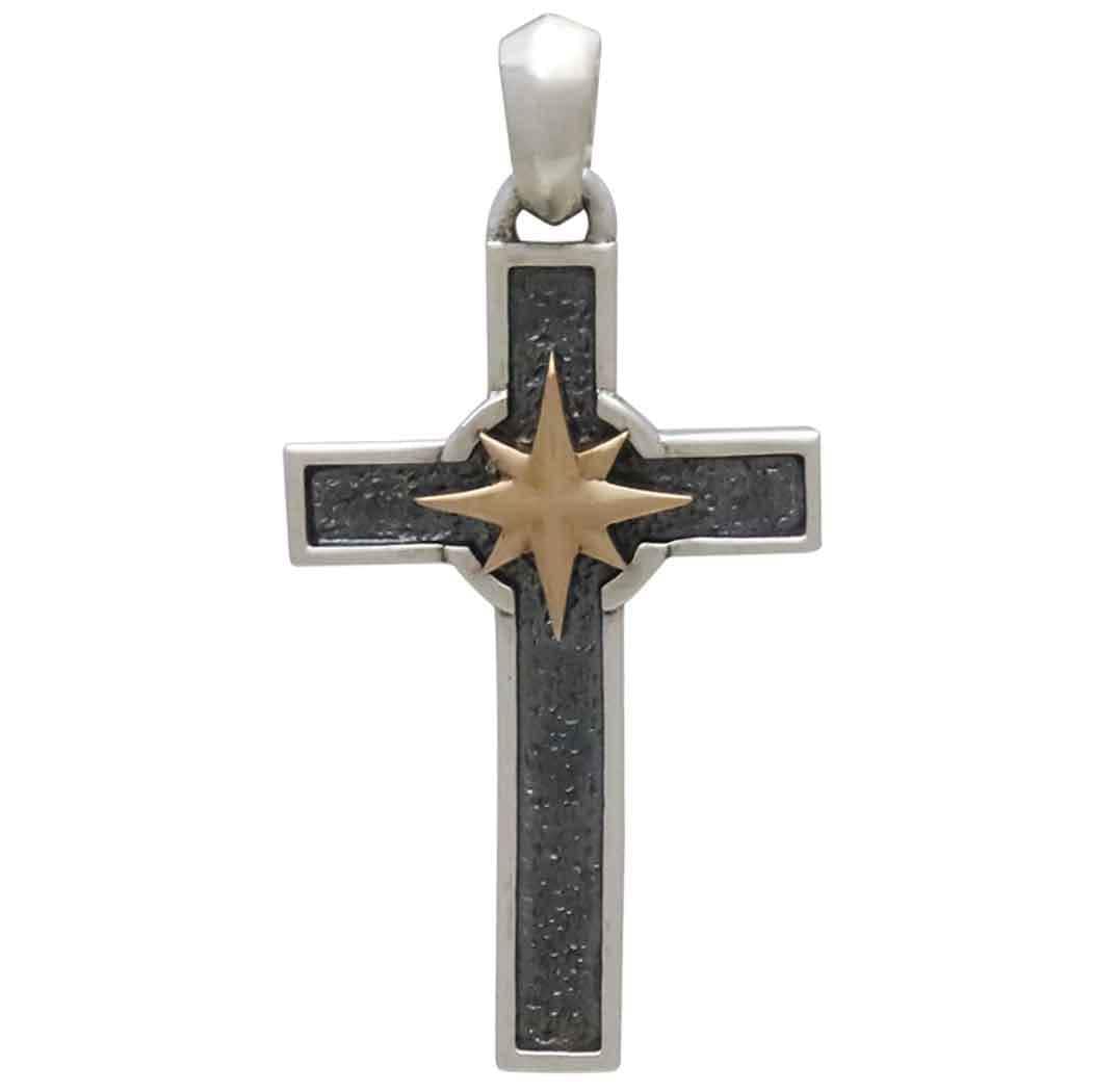 Two Tone Cross Necklace | Silver Gold Cross Medallion | Mixed Metal Cross | Sterling Cross North Star | Cross and Compass Pendant